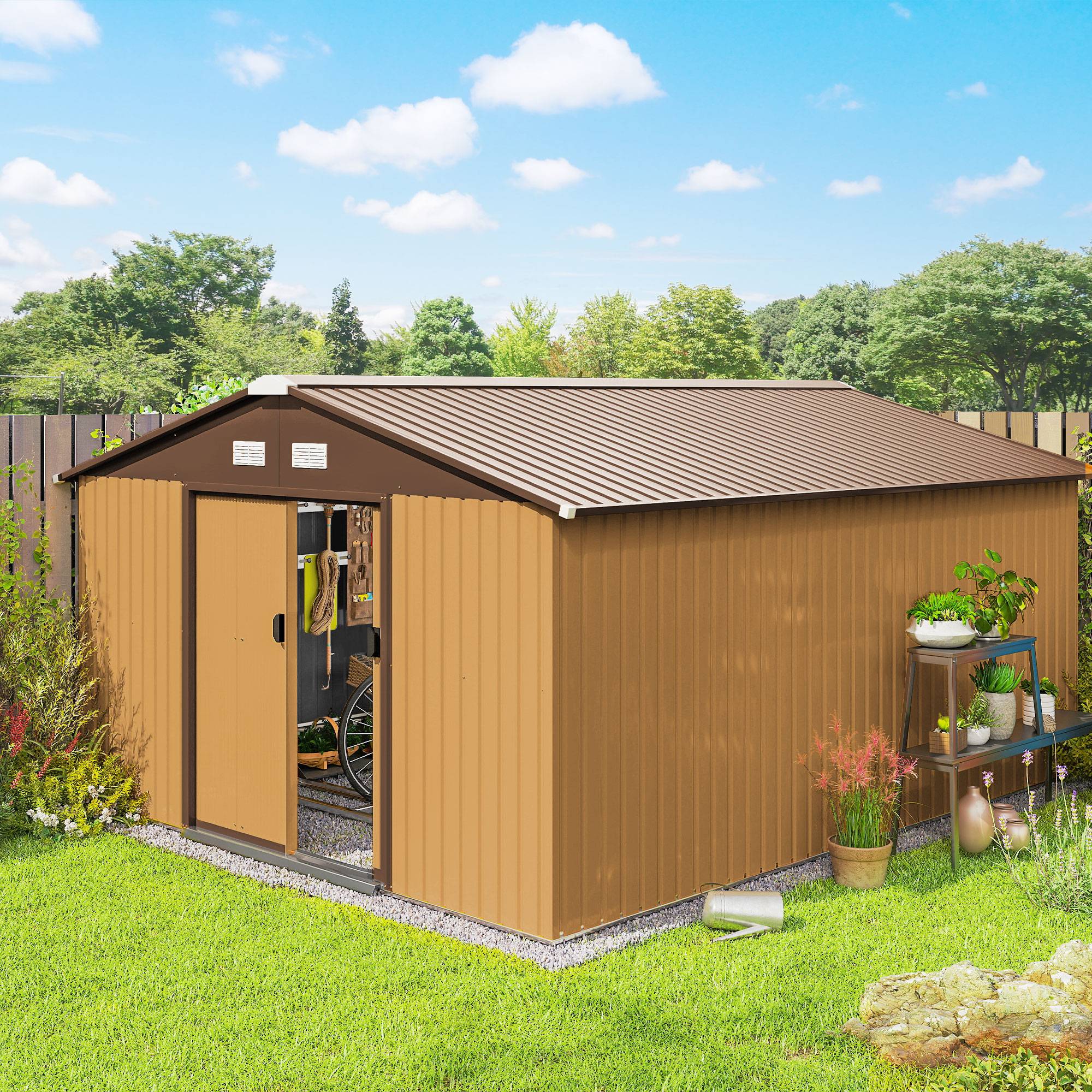 Abri jardin 2 portes coulissantes 4 aérations acier 340x386x200 cm rangement outils grand volume sécurisé jardin métal jaune - Image 3