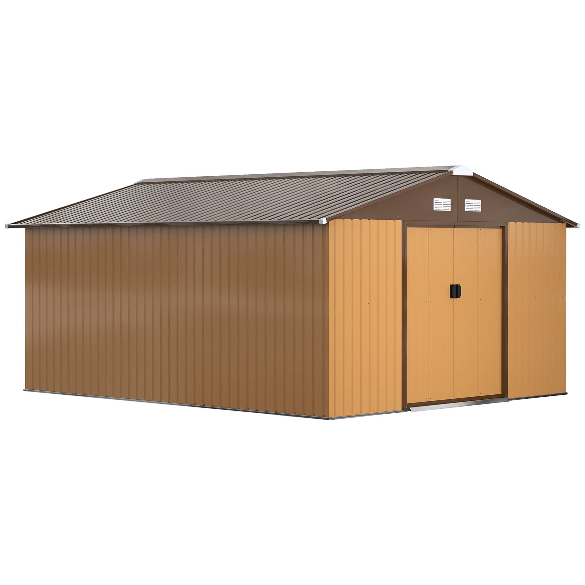 Abri jardin 2 portes coulissantes 4 aérations acier 340x386x200 cm rangement outils grand volume sécurisé jardin métal jaune - Image 1