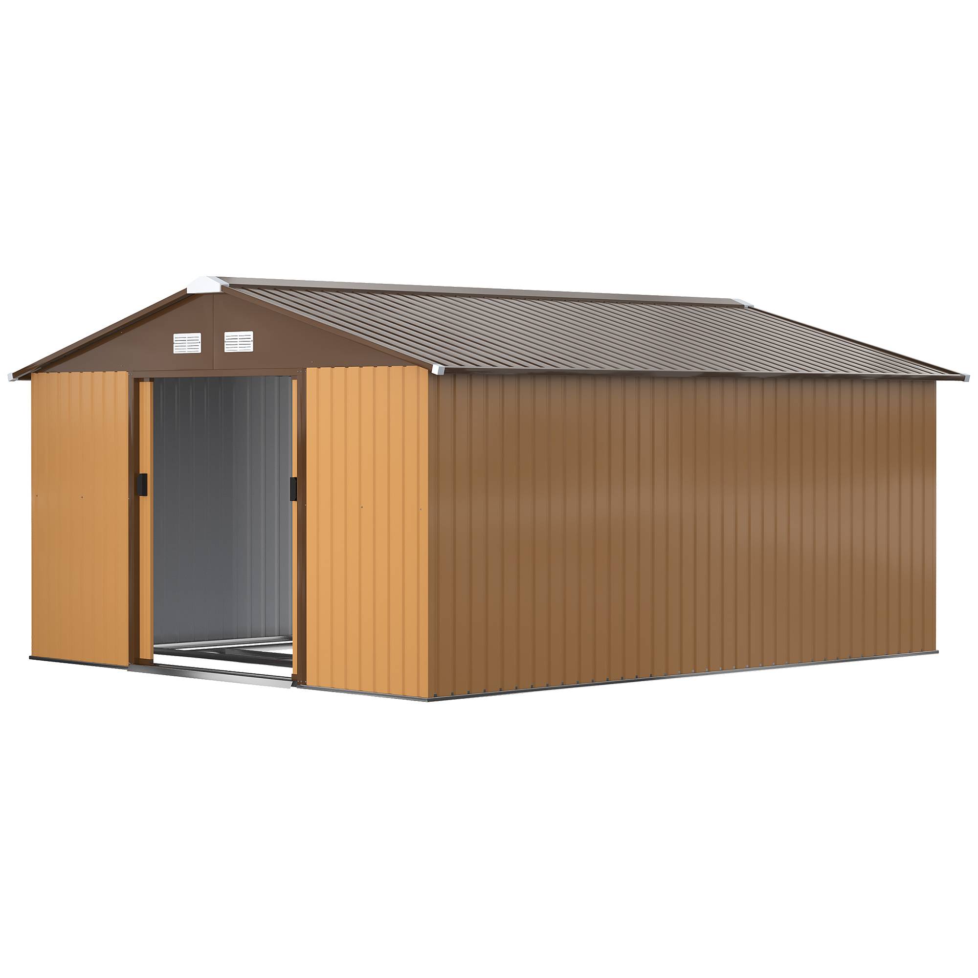 Abri jardin 2 portes coulissantes 4 aérations acier 340x386x200 cm rangement outils grand volume sécurisé jardin métal jaune - Image 2