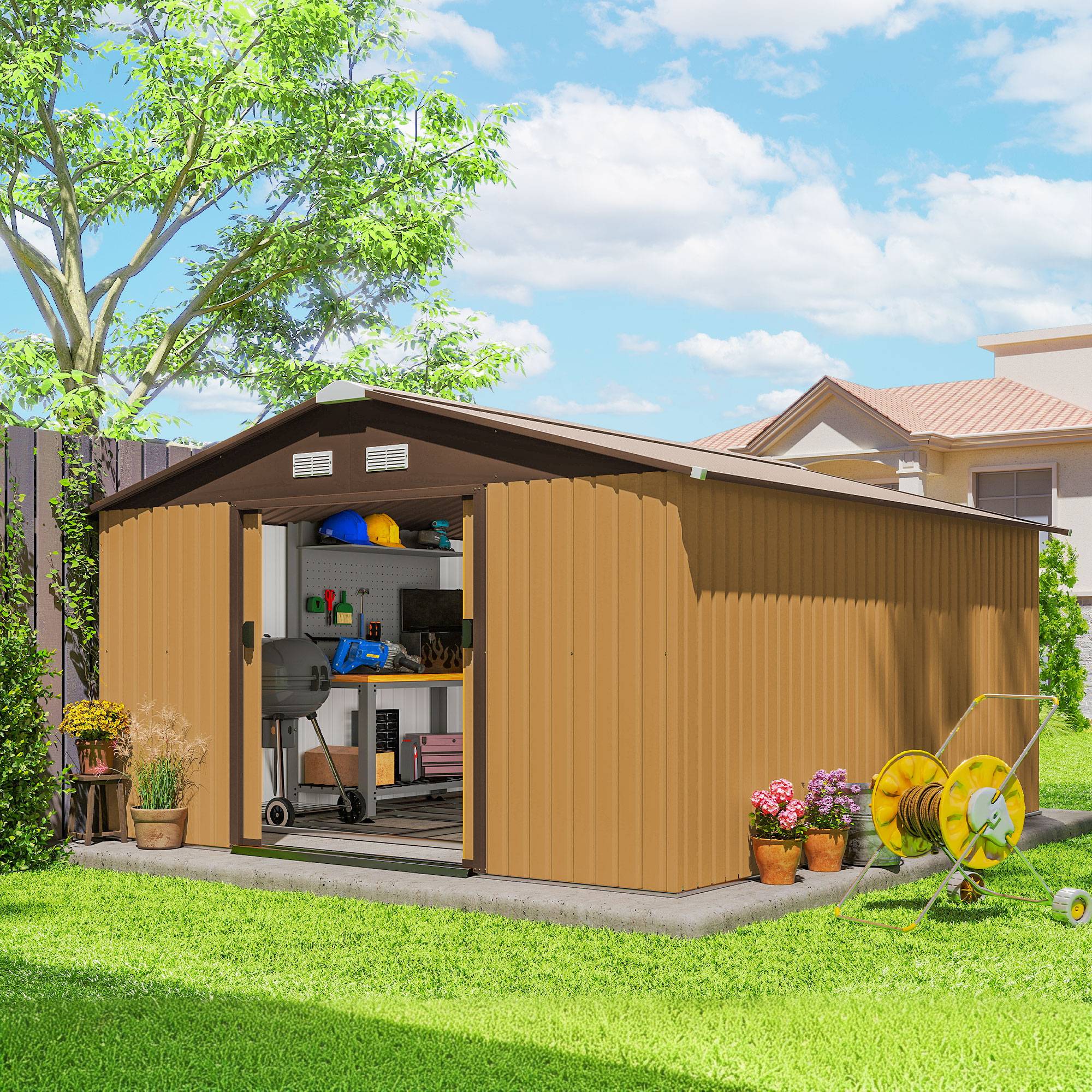 Abri jardin 2 portes coulissantes 4 aérations acier 340x386x200 cm rangement outils grand volume sécurisé jardin métal jaune - Image 4
