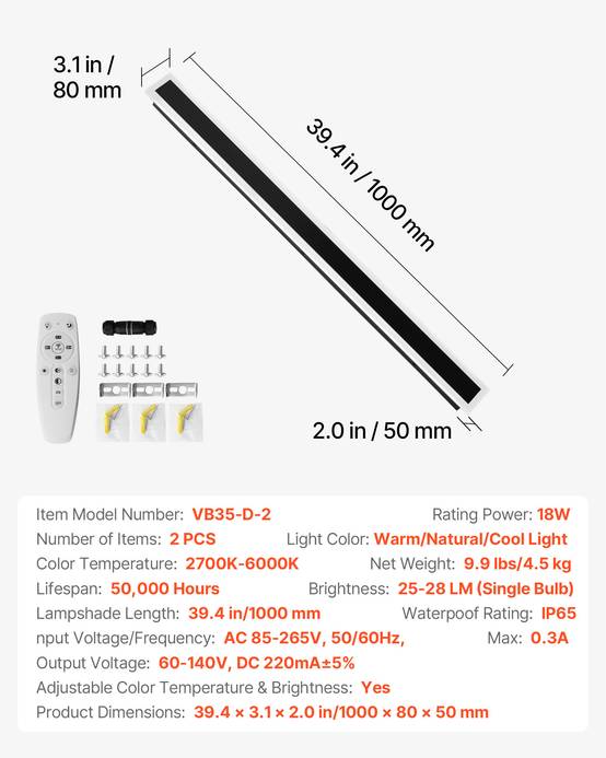 VEVOR Applique Murale Extérieur Éclairage LED 18 W Lot de 2 1 m 2700 K-6000 K - Image 7