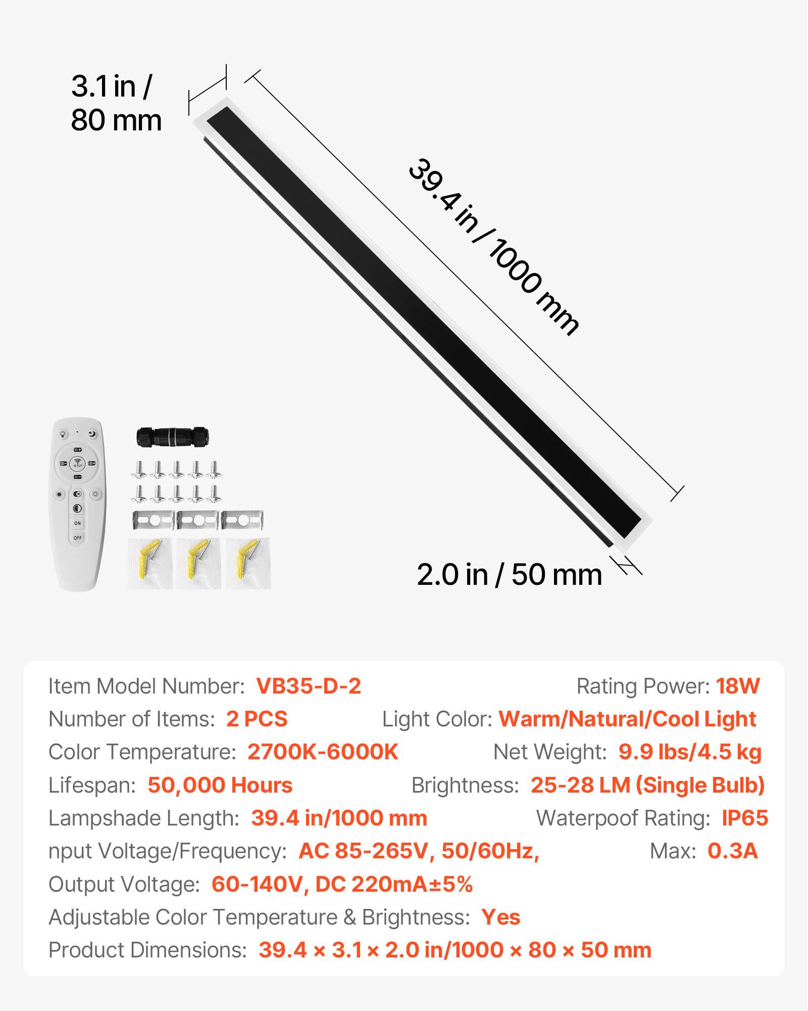 VEVOR Applique Murale Extérieur Éclairage LED 18 W Lot de 2 1 m 2700 K-6000 K - Image 7