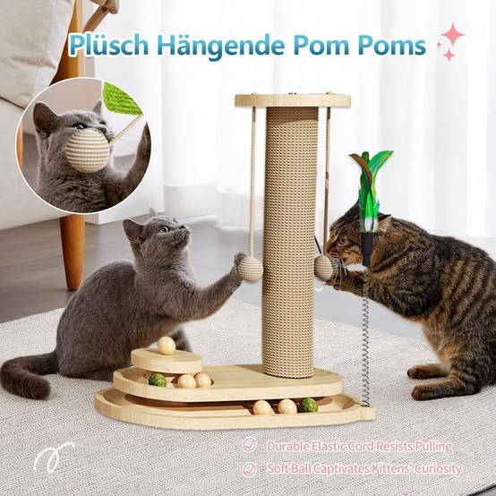 Griffoir pour chat-Arbre à chat interactif 4-en-1 en bois naturel - Living123 - Image 5