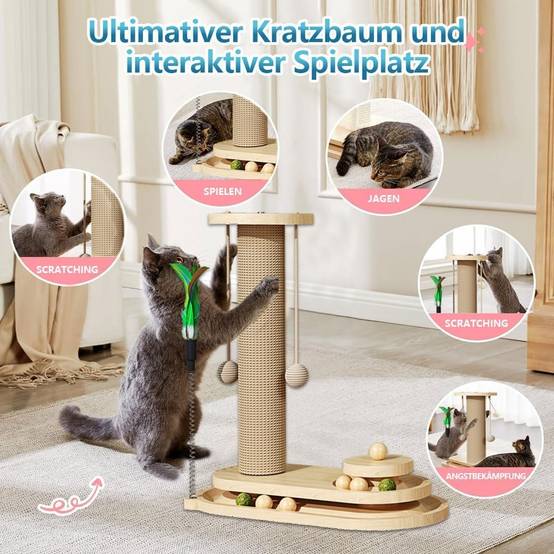 Griffoir pour chat-Arbre à chat interactif 4-en-1 en bois naturel - Living123 - Image 4