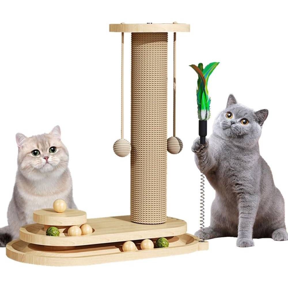 Griffoir pour chat-Arbre à chat interactif 4-en-1 en bois naturel - Living123 - Image 1