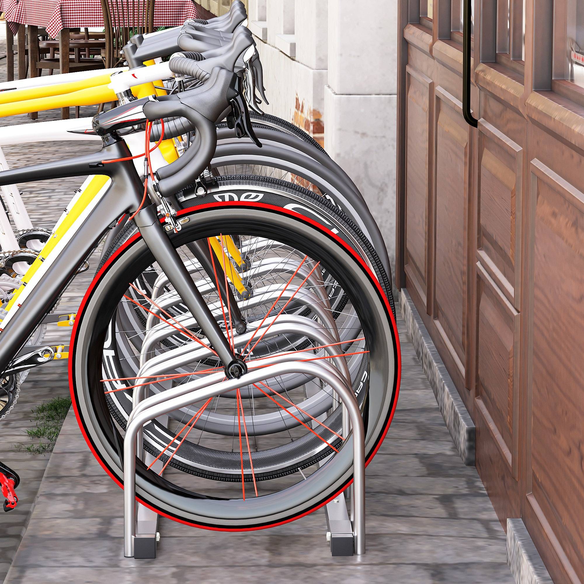 Support vélos en acier pour 5 vélos 145x33x27 cm argent, rangement mural ou au sol pour garage - Image 3