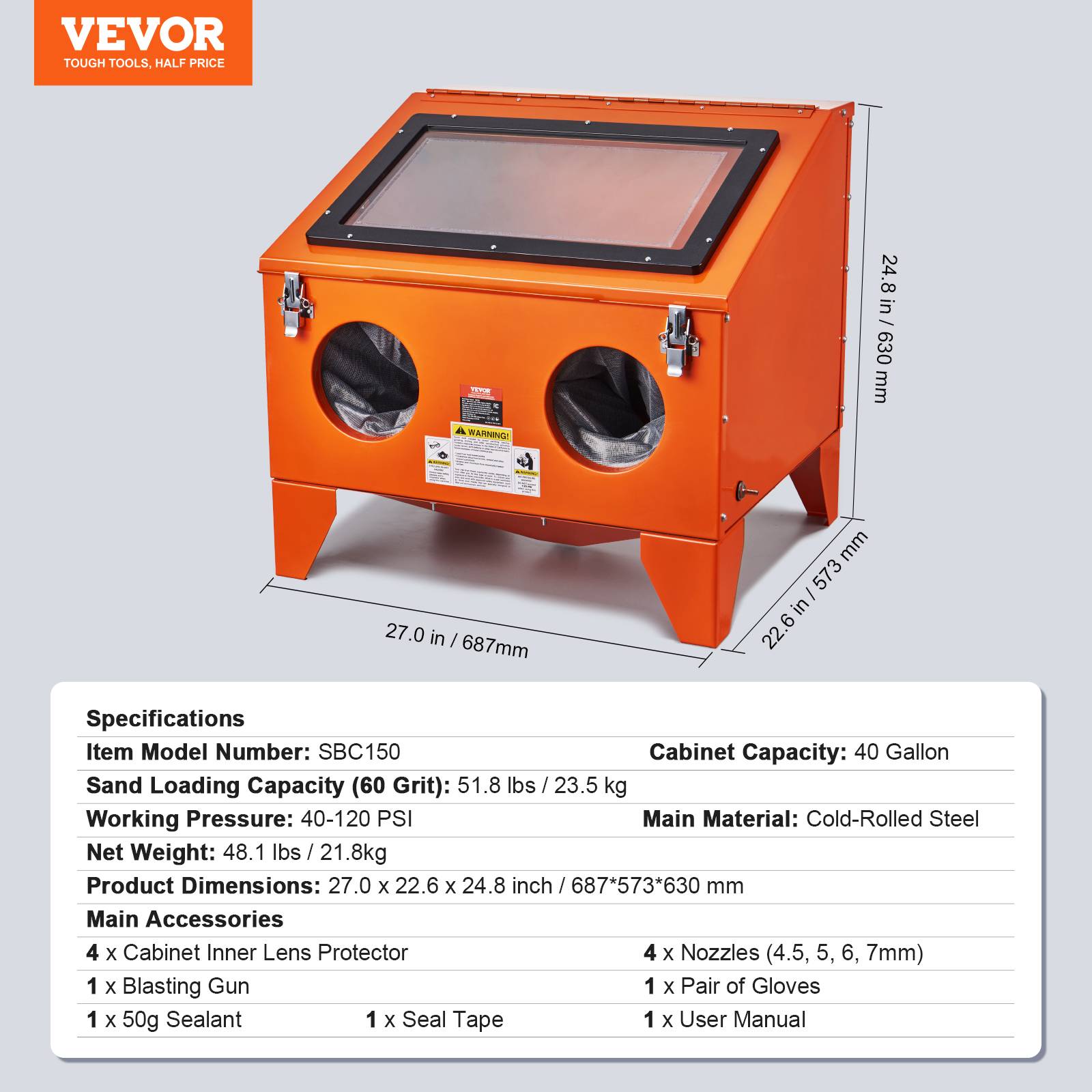 Vevor - VEVOR Armoire de Sablage 40 gal, Portable 40-120 psi, Acier Robust avec Pistolet et 4 Buses Céramique. - Image 7