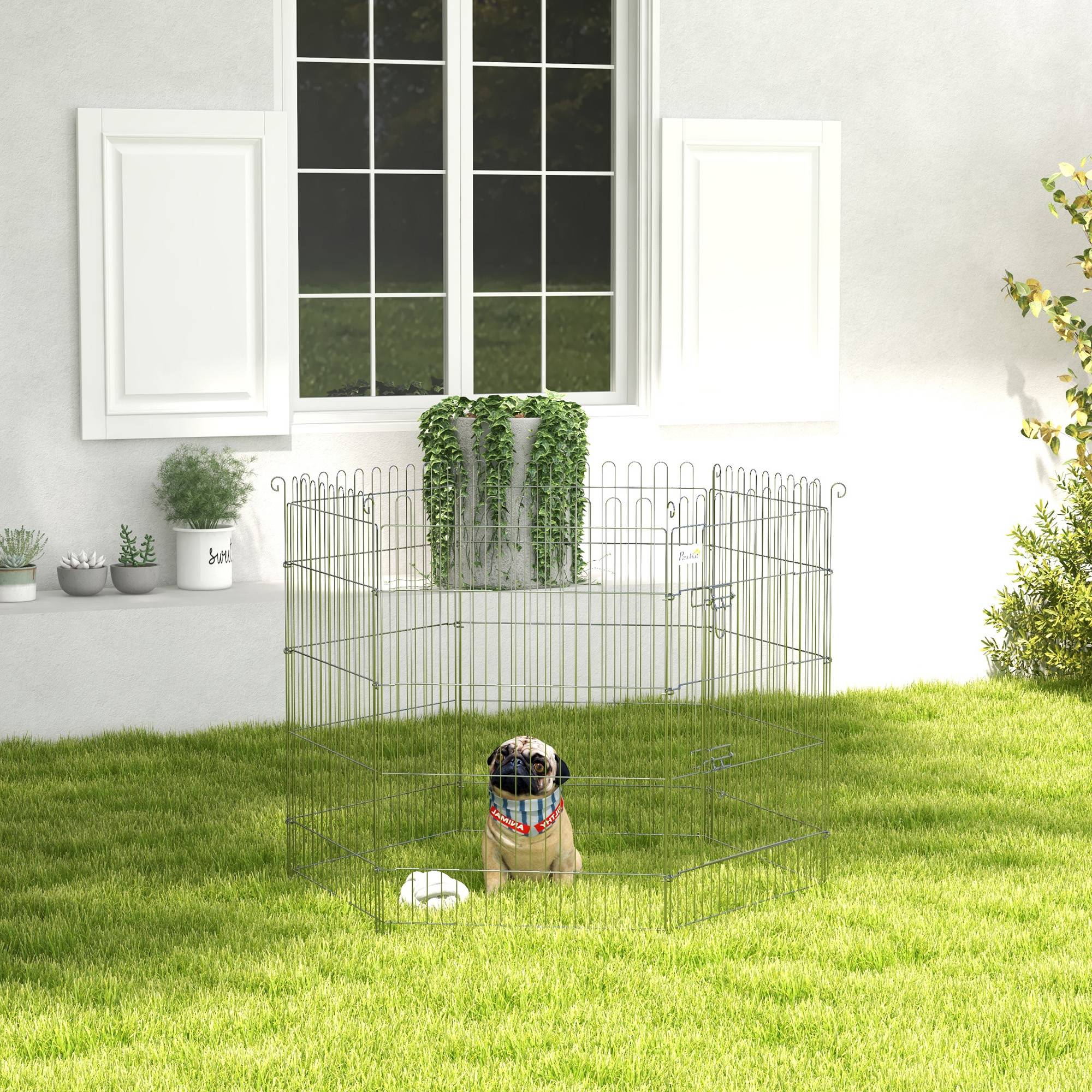 Clôture pliante pour chien en 8 parties, 63 x 91 cm, avec 1 portillon et cadre en acier, couleur argent, idéale pour jardin et terrasse. - Image 3