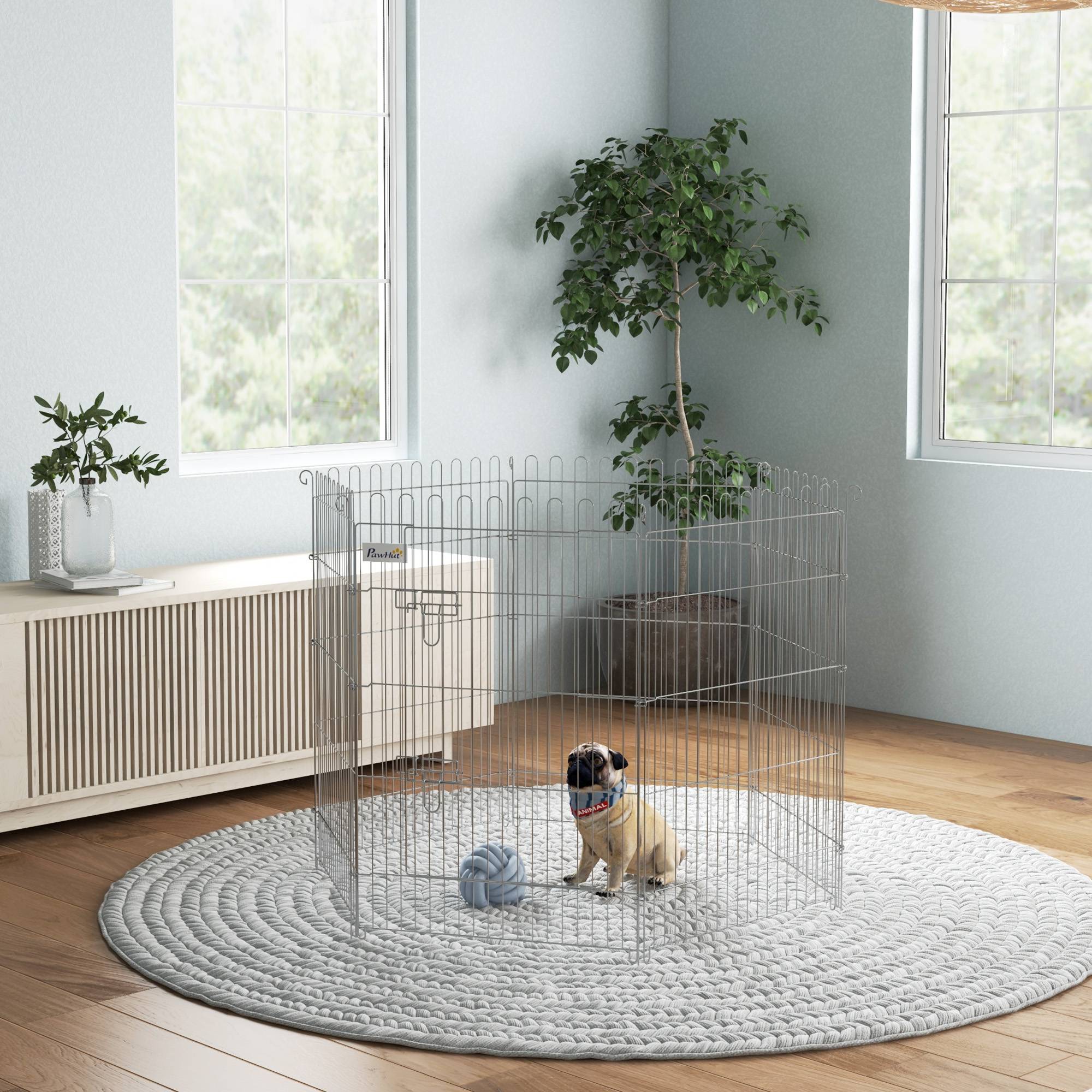 Clôture pliante pour chien en 8 parties, 63 x 91 cm, avec 1 portillon et cadre en acier, couleur argent, idéale pour jardin et terrasse. - Image 4