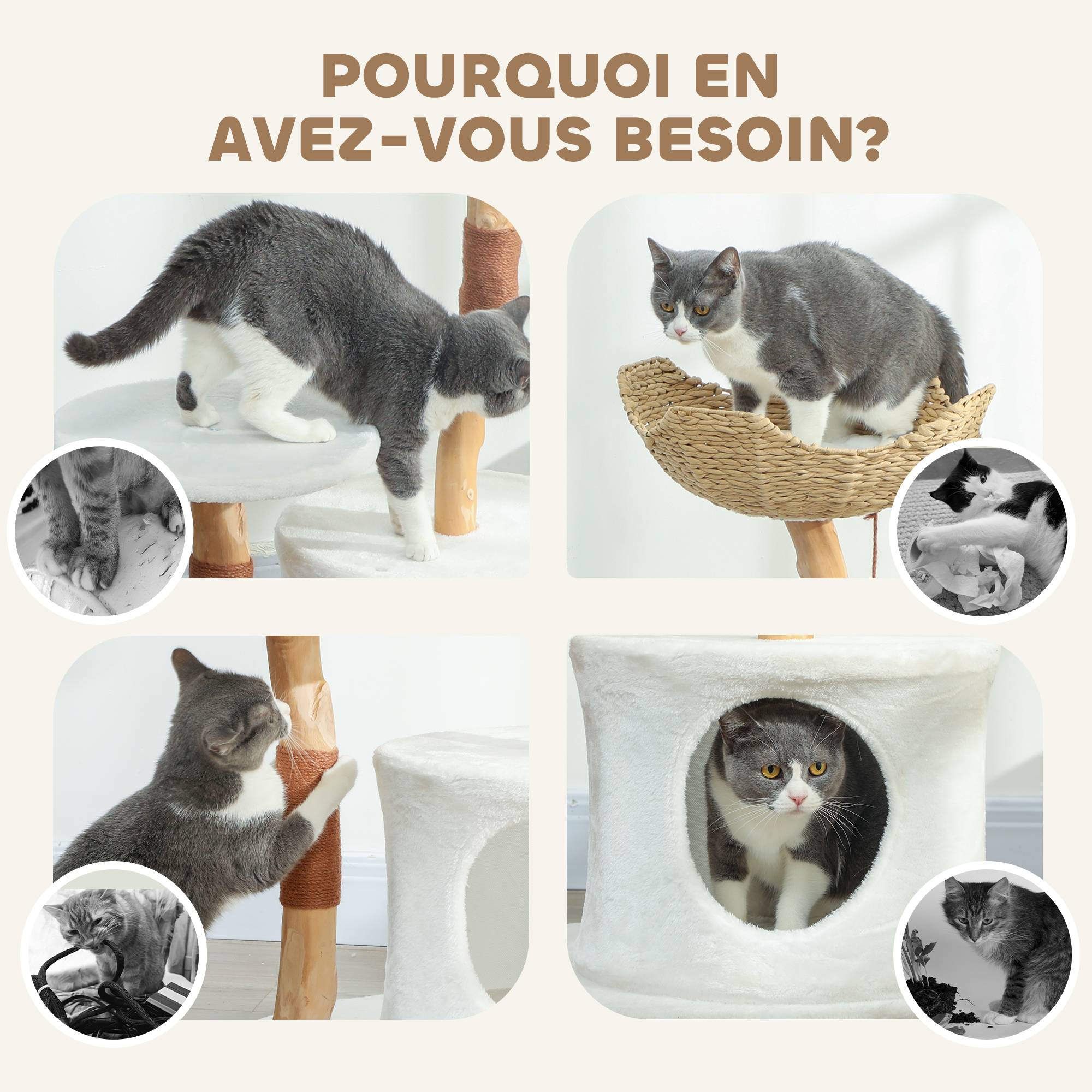 Arbre à Chat Design en Bois avec Griffoir Sisal Lit Confortable et Coussin Lavable 102 cm Blanc - ComfortXL Outdoor Living - Image 9