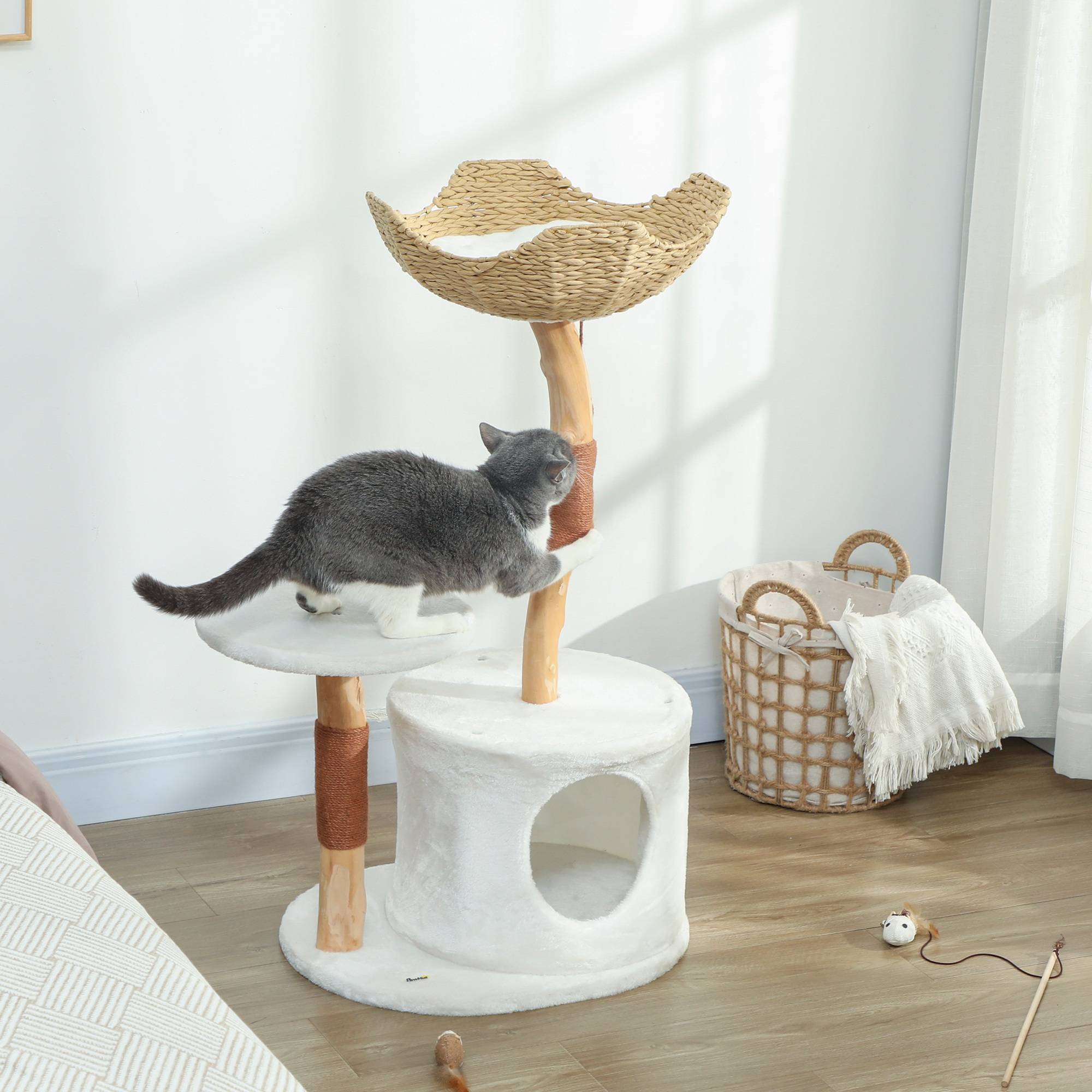 Arbre à Chat Design en Bois avec Griffoir Sisal Lit Confortable et Coussin Lavable 102 cm Blanc - ComfortXL Outdoor Living - Image 4