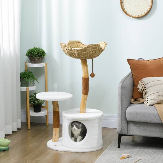 Arbre à Chat Design en Bois avec Griffoir Sisal Lit Confortable et Coussin Lavable 102 cm Blanc - ComfortXL Outdoor Living - Image 3