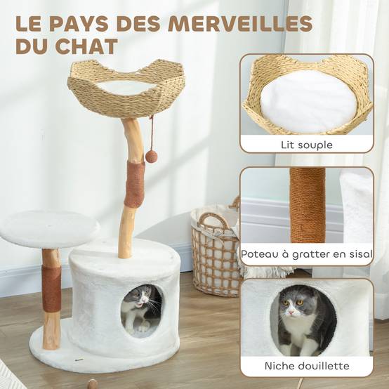Arbre à Chat Design en Bois avec Griffoir Sisal Lit Confortable et Coussin Lavable 102 cm Blanc - ComfortXL Outdoor Living - Image 6