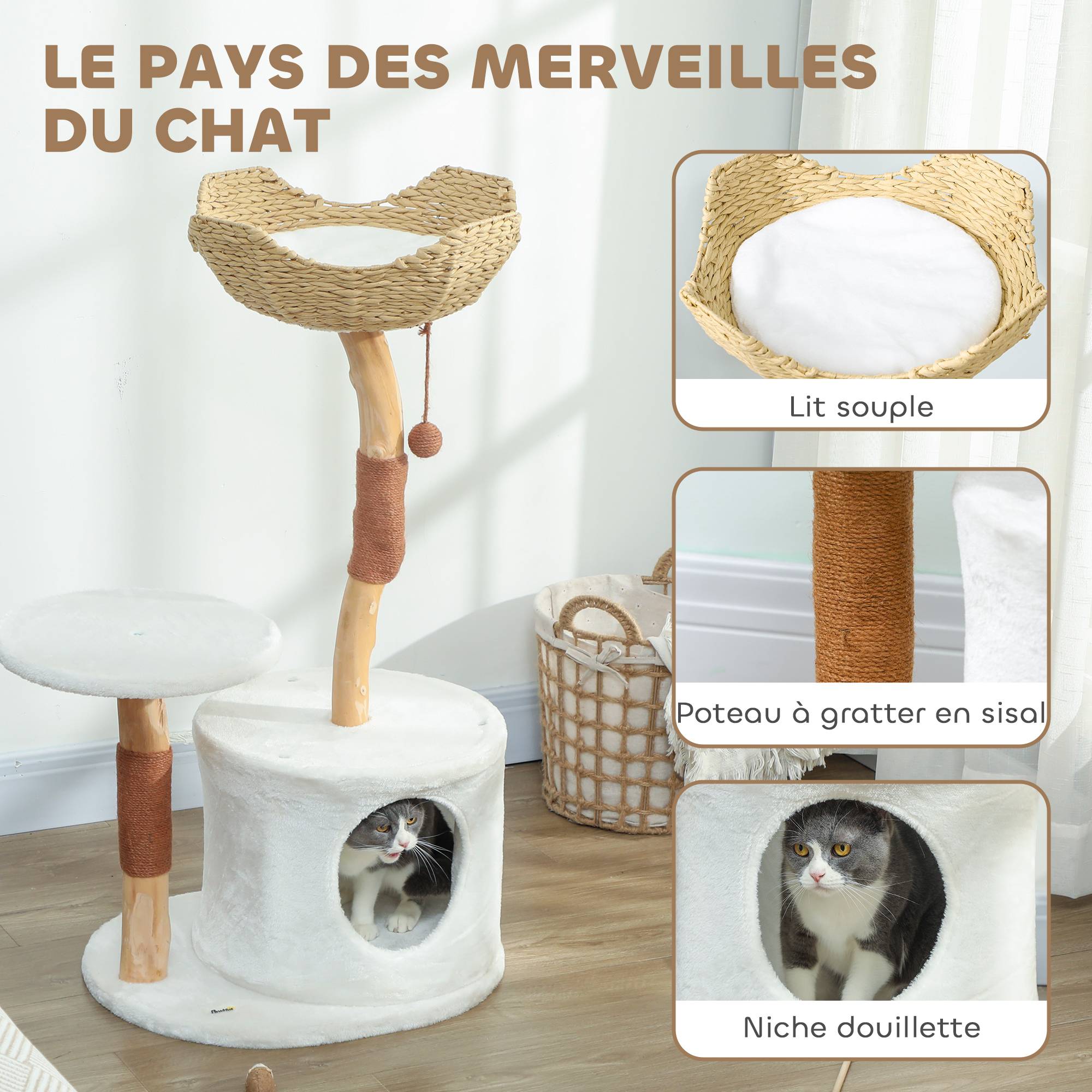 Arbre à Chat Design en Bois avec Griffoir Sisal Lit Confortable et Coussin Lavable 102 cm Blanc - ComfortXL Outdoor Living - Image 6