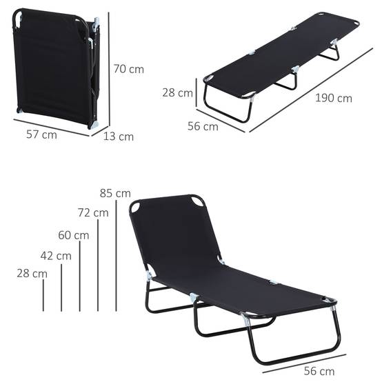 Sans Marque - Chaise longue de jardin pliante avec dossier réglable, acier et tissu Oxford, 188 x 56 x 28 cm, noire - Image 4