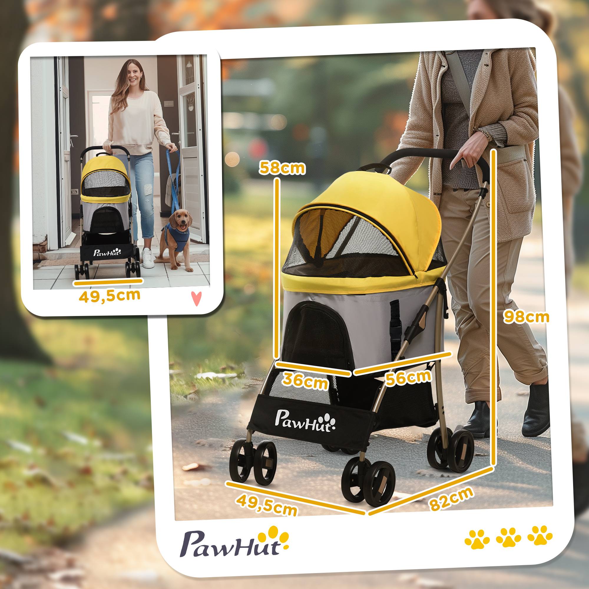 Chariot pour chien 2-en-1, tissu Oxford, jaune, 82 x 49.5 x 98 cm - PANGIVO - Image 3