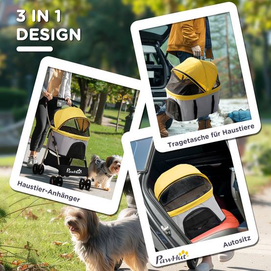 Chariot pour chien 2-en-1, tissu Oxford, jaune, 82 x 49.5 x 98 cm - PANGIVO - Image 5