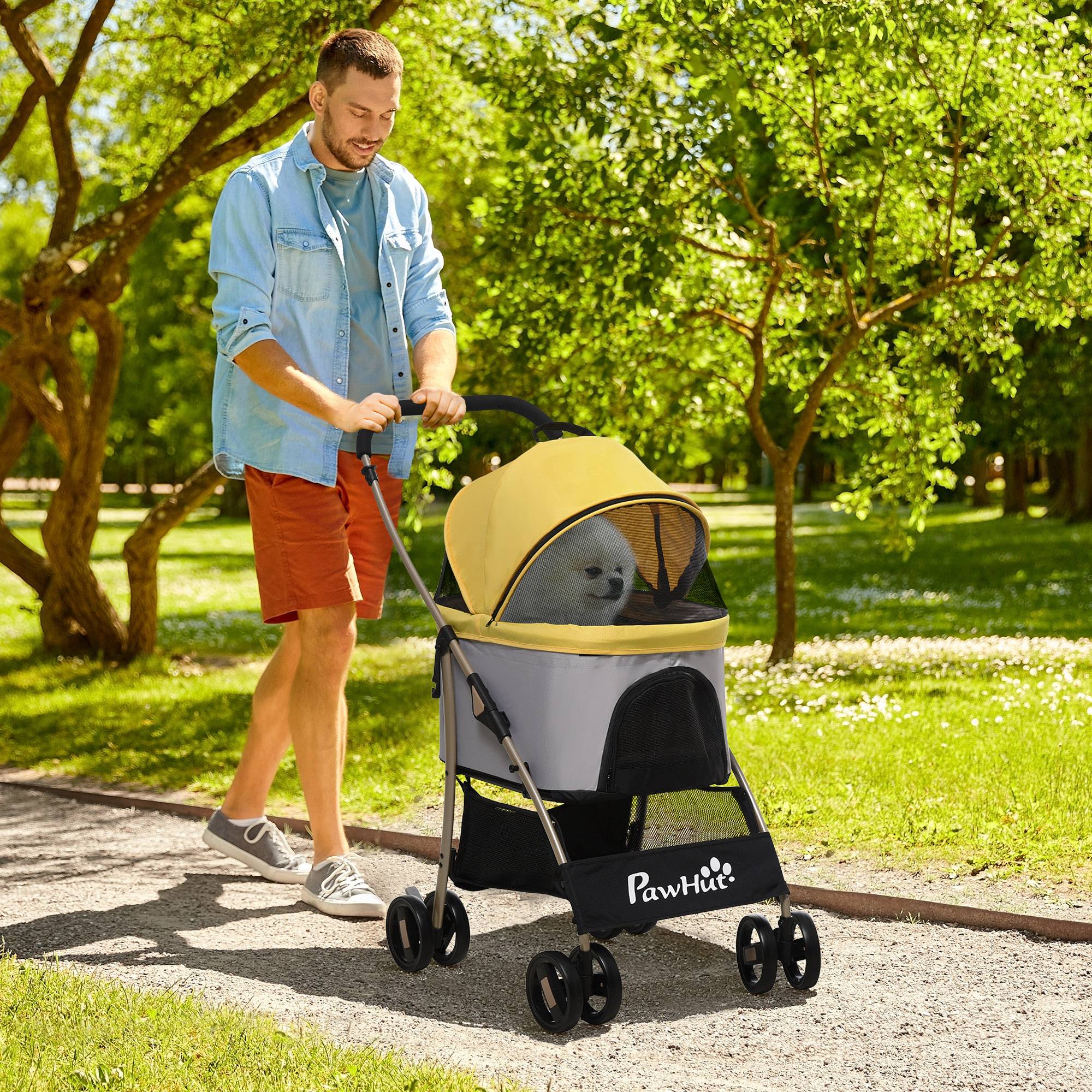 Chariot pour chien 2-en-1, tissu Oxford, jaune, 82 x 49.5 x 98 cm - PANGIVO - Image 2
