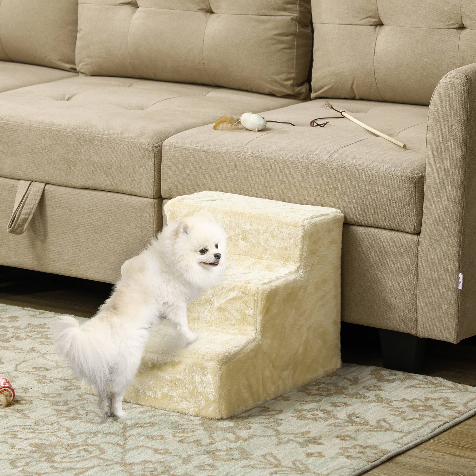Escalier animaux pliable, 3 marches, housse peluche lavable, panneau, 46x35x35cm, beige - Image 3