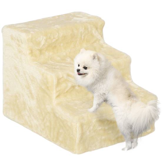 Escalier animaux pliable, 3 marches, housse peluche lavable, panneau, 46x35x35cm, beige - Image 1