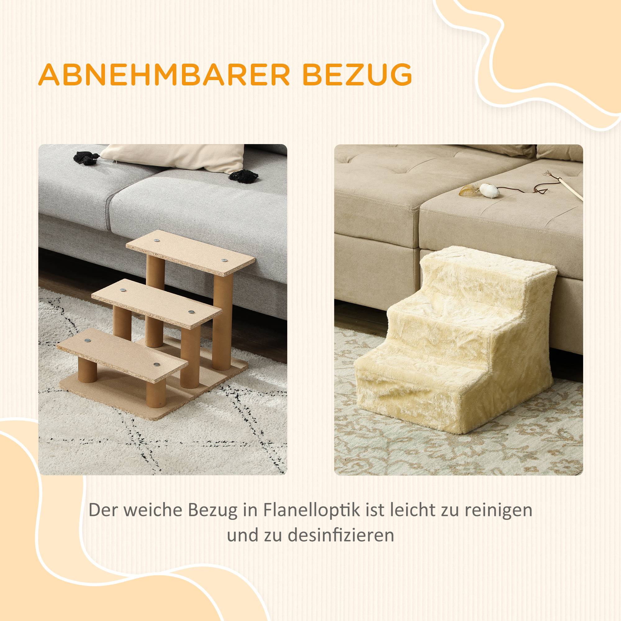 Escalier animaux pliable, 3 marches, housse peluche lavable, panneau, 46x35x35cm, beige - Image 7