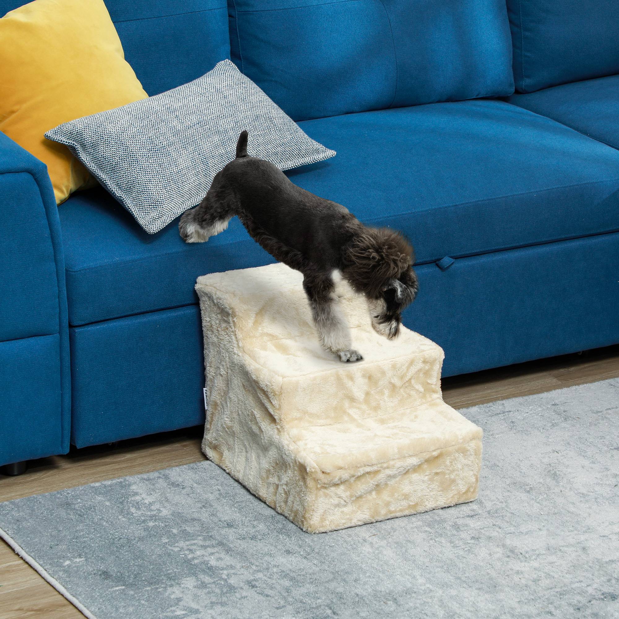 Escalier animaux pliable, 3 marches, housse peluche lavable, panneau, 46x35x35cm, beige - Image 4