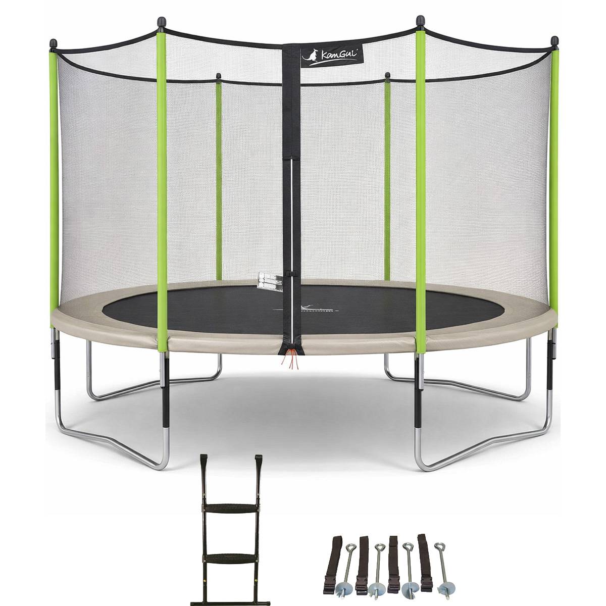 Kangui - Trampoline Ø 430 cm + filet + échelle + kit d'ancrage - JUMPI 430 - Taupe/Vert Kangui - Image 1