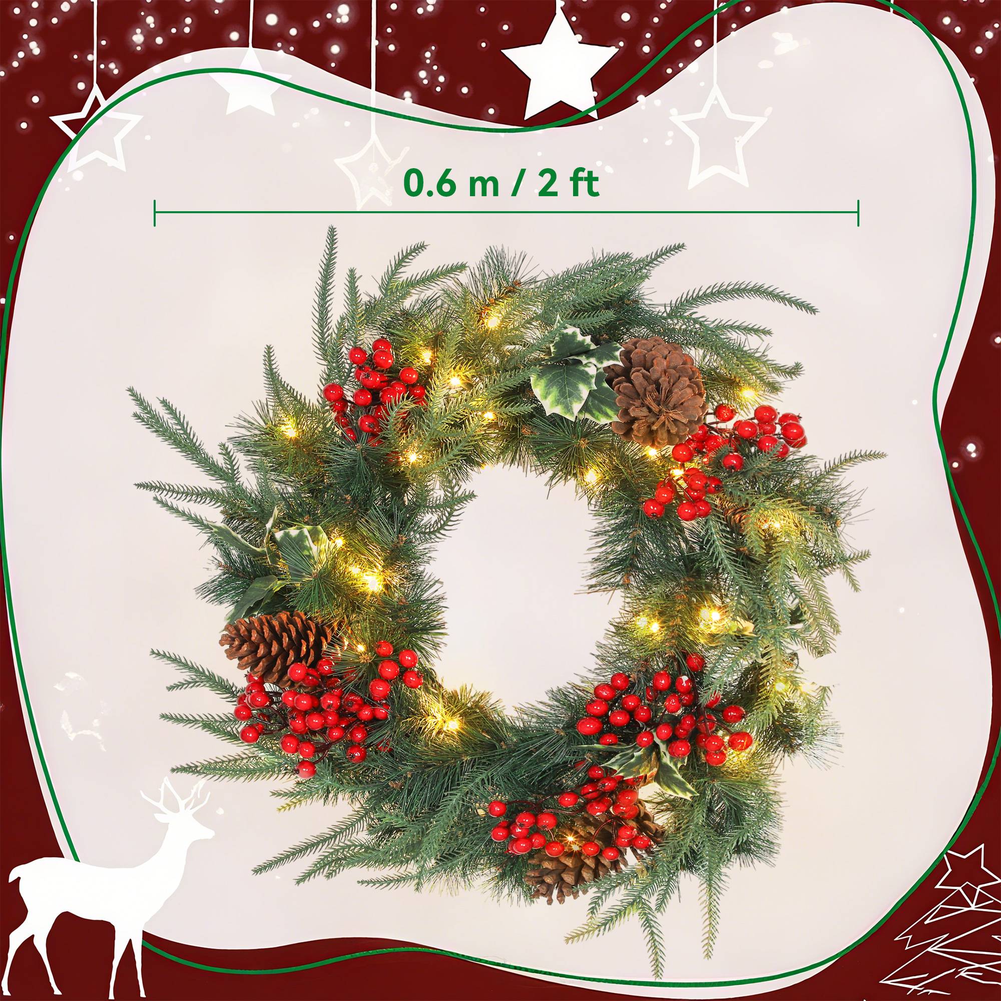 Couronne de Noël de 60 cm avec lumières LED blanches, minuterie, pommes de pin, baies et houx, verte - Image 5