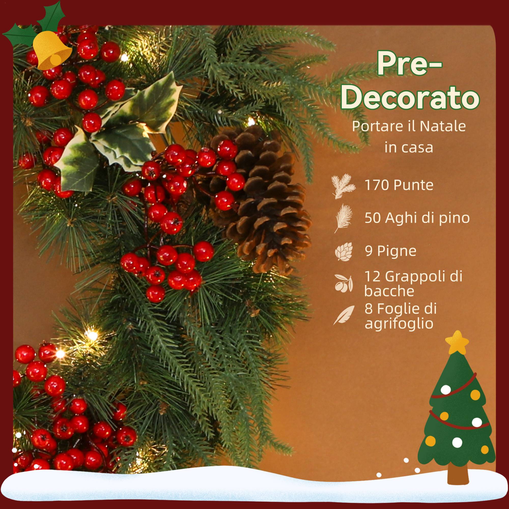 Couronne de Noël de 60 cm avec lumières LED blanches, minuterie, pommes de pin, baies et houx, verte - Image 8