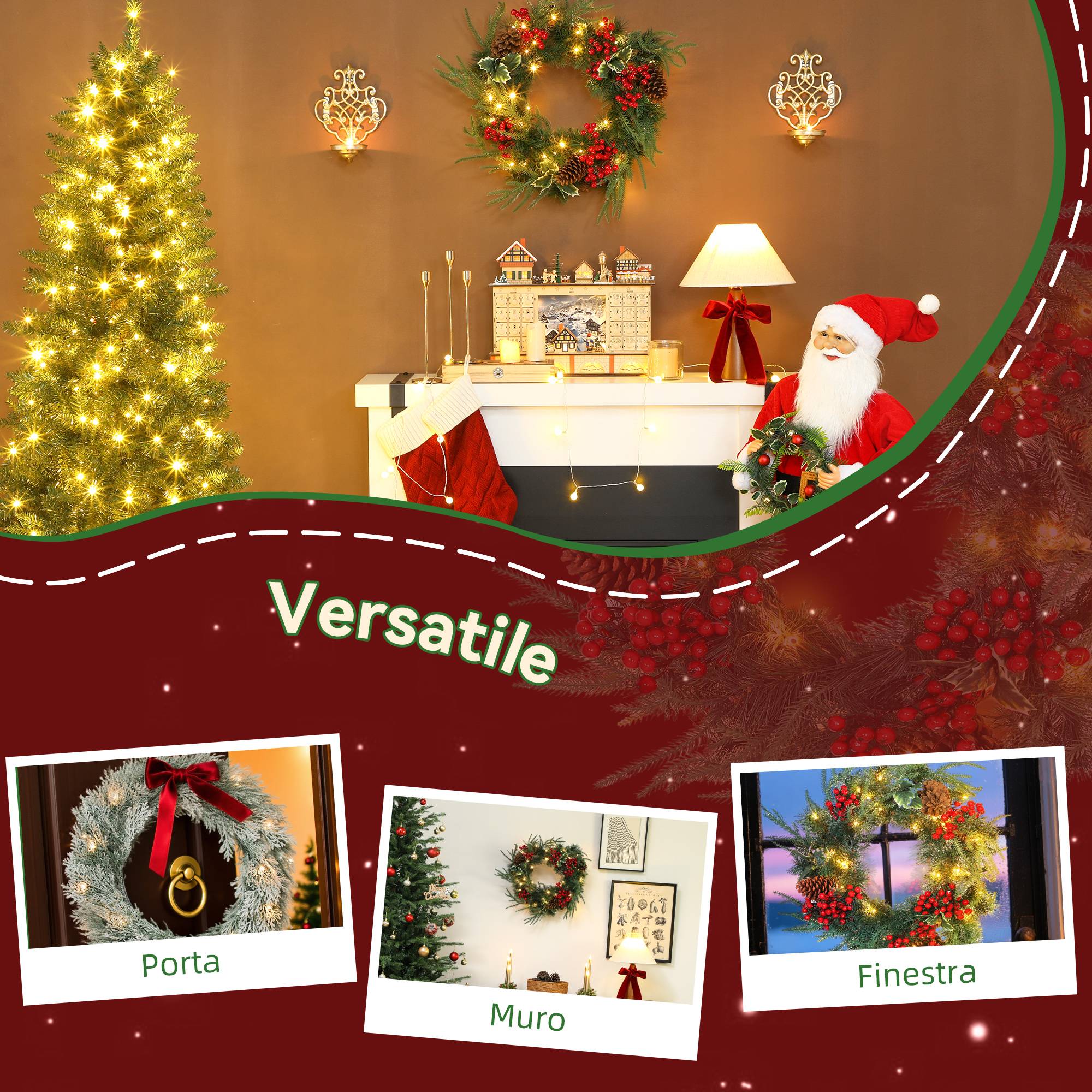 Couronne de Noël de 60 cm avec lumières LED blanches, minuterie, pommes de pin, baies et houx, verte - Image 9