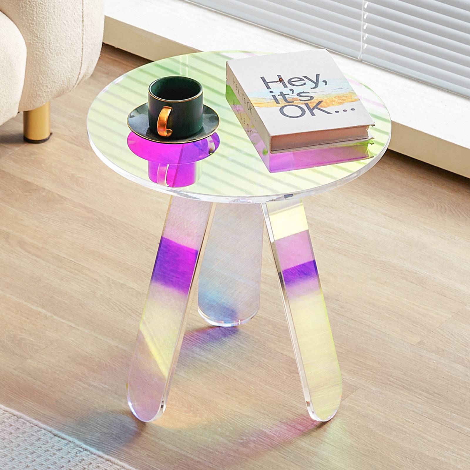 VEVOR Table appoint ronde acrylique 450x480 mm, charge 10 kg. Chevet, salon, chambre, irisée. - Image 8