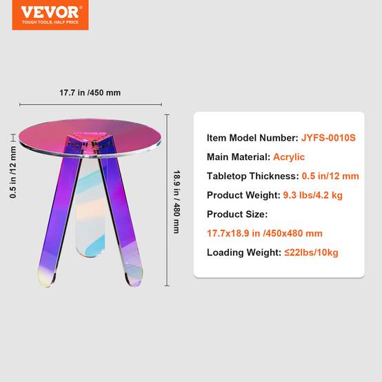 VEVOR Table appoint ronde acrylique 450x480 mm, charge 10 kg. Chevet, salon, chambre, irisée. - Image 7