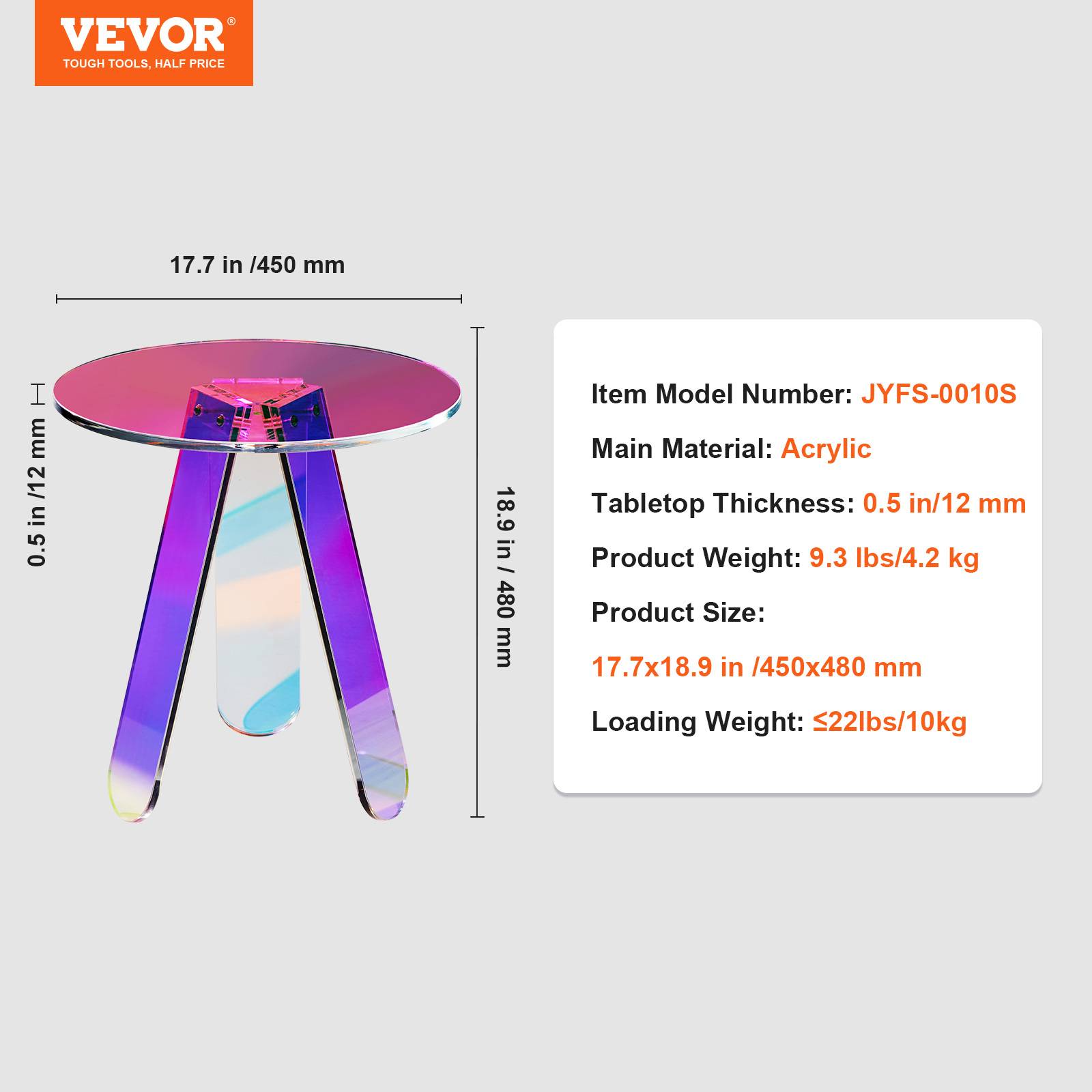 VEVOR Table appoint ronde acrylique 450x480 mm, charge 10 kg. Chevet, salon, chambre, irisée. - Image 7