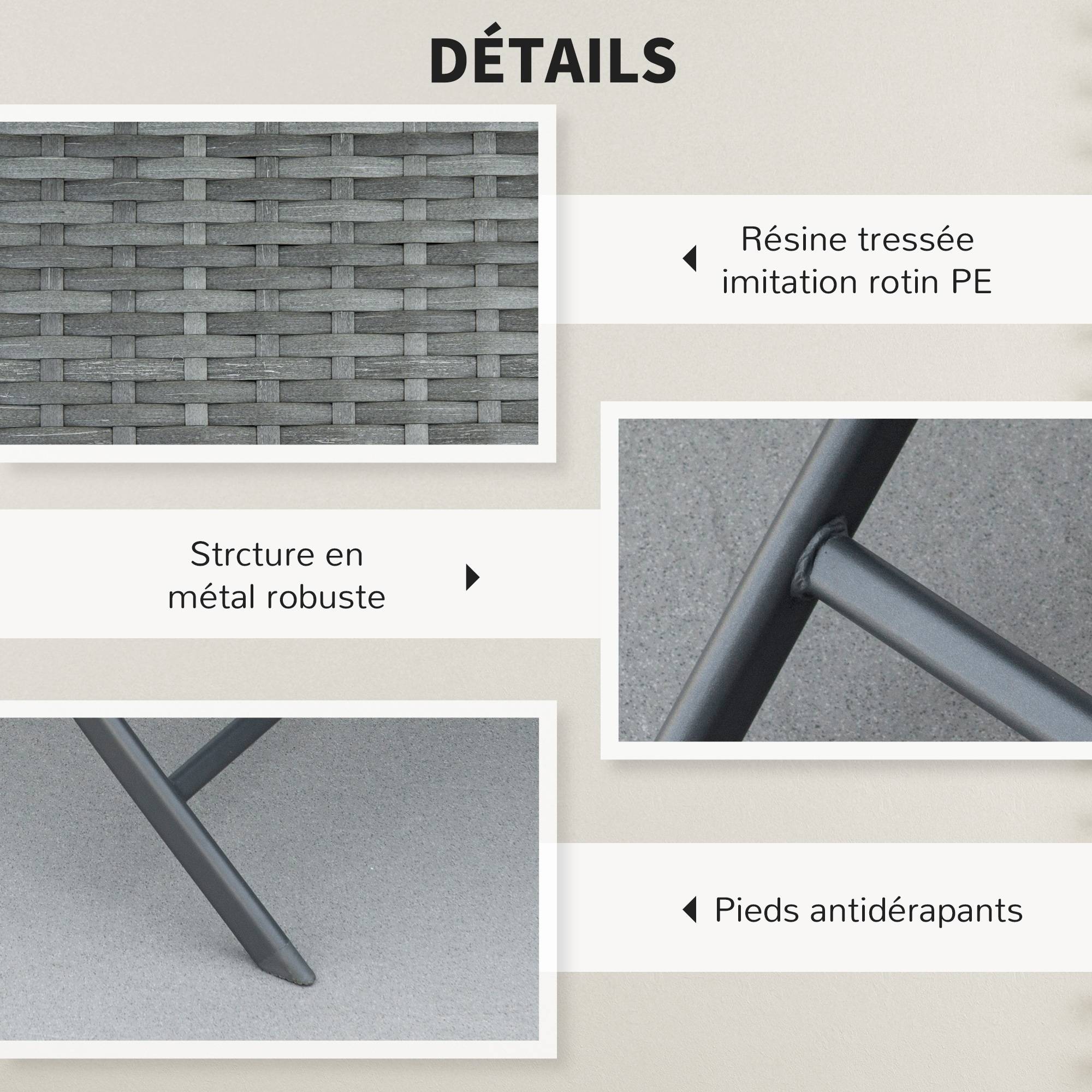 Outsunny - Ensemble meubles de jardin design table carré et chaises pliables résine tressée imitation rotin gris - Outsunny - Imagen 4