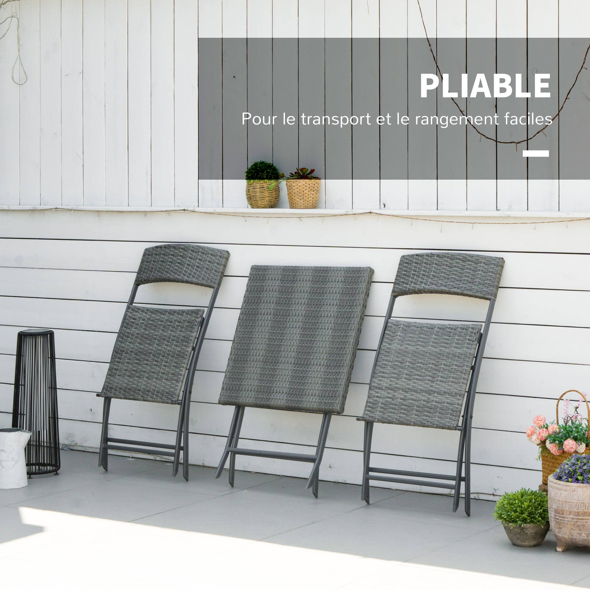 Outsunny - Ensemble meubles de jardin design table carré et chaises pliables résine tressée imitation rotin gris - Outsunny - Imagen 5