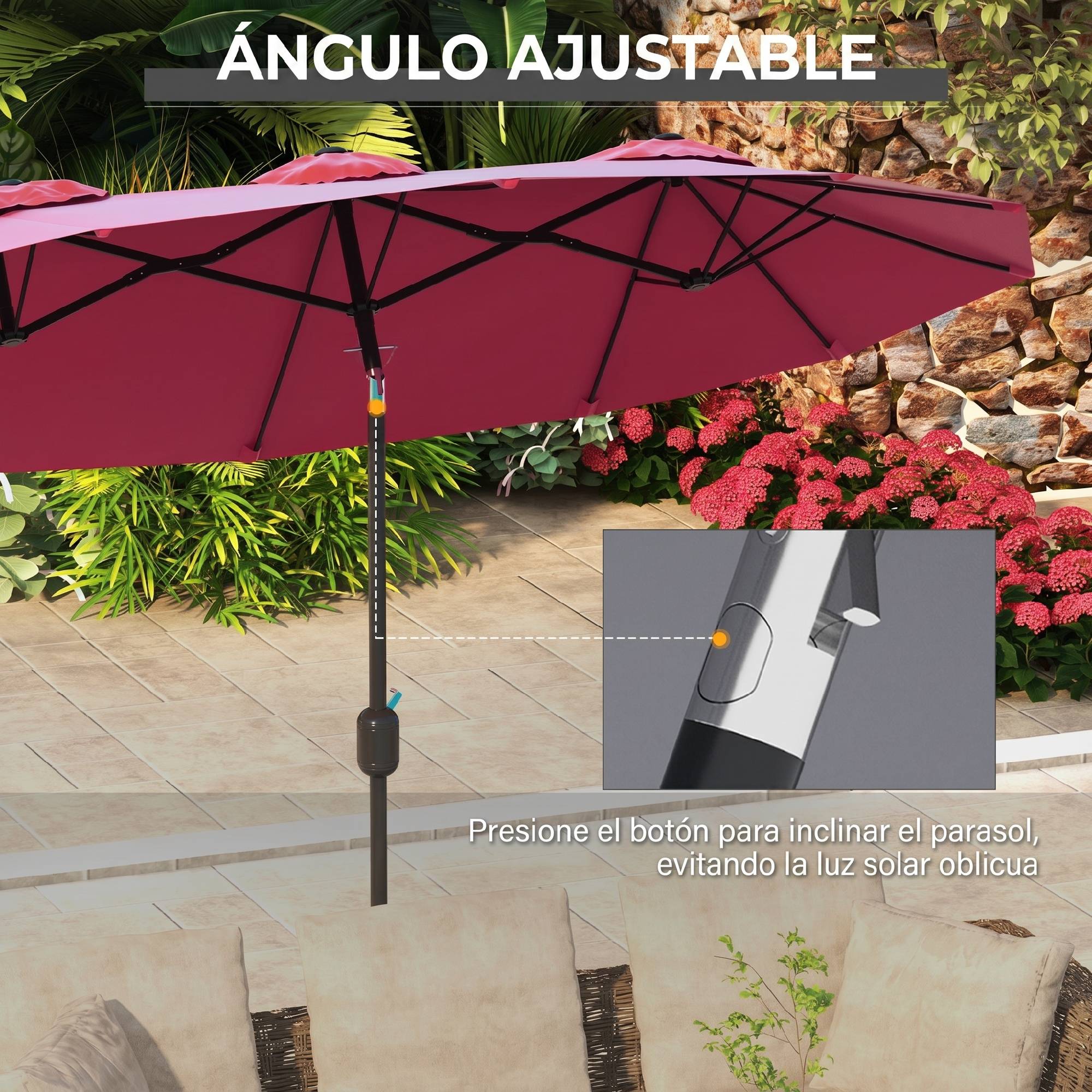 Parasol double jardin 295x152x222 cm, inclinaison 45°, manivelle manuelle, terrasse balcon piscine, rouge - Image 6