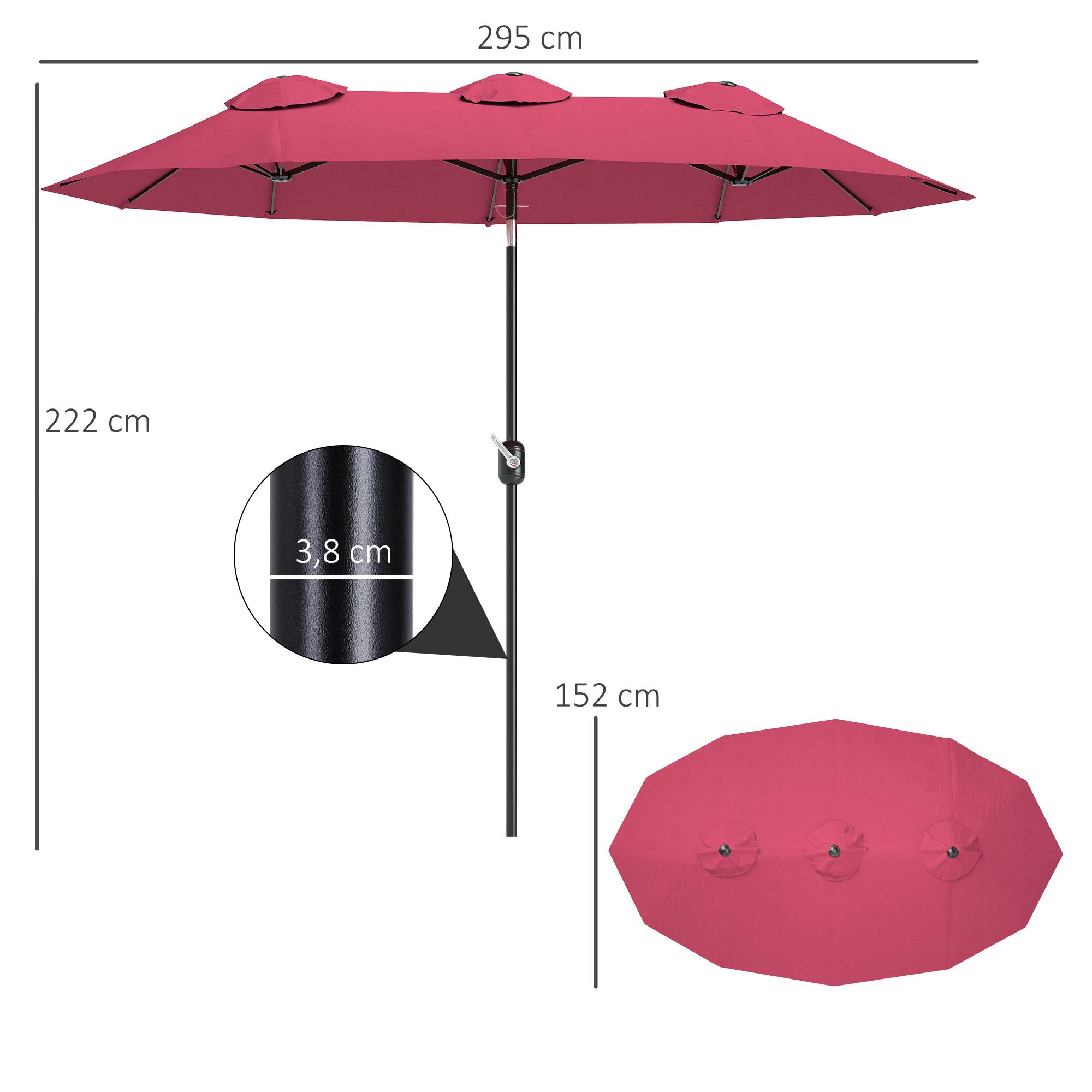 Parasol double jardin 295x152x222 cm, inclinaison 45°, manivelle manuelle, terrasse balcon piscine, rouge - Image 5