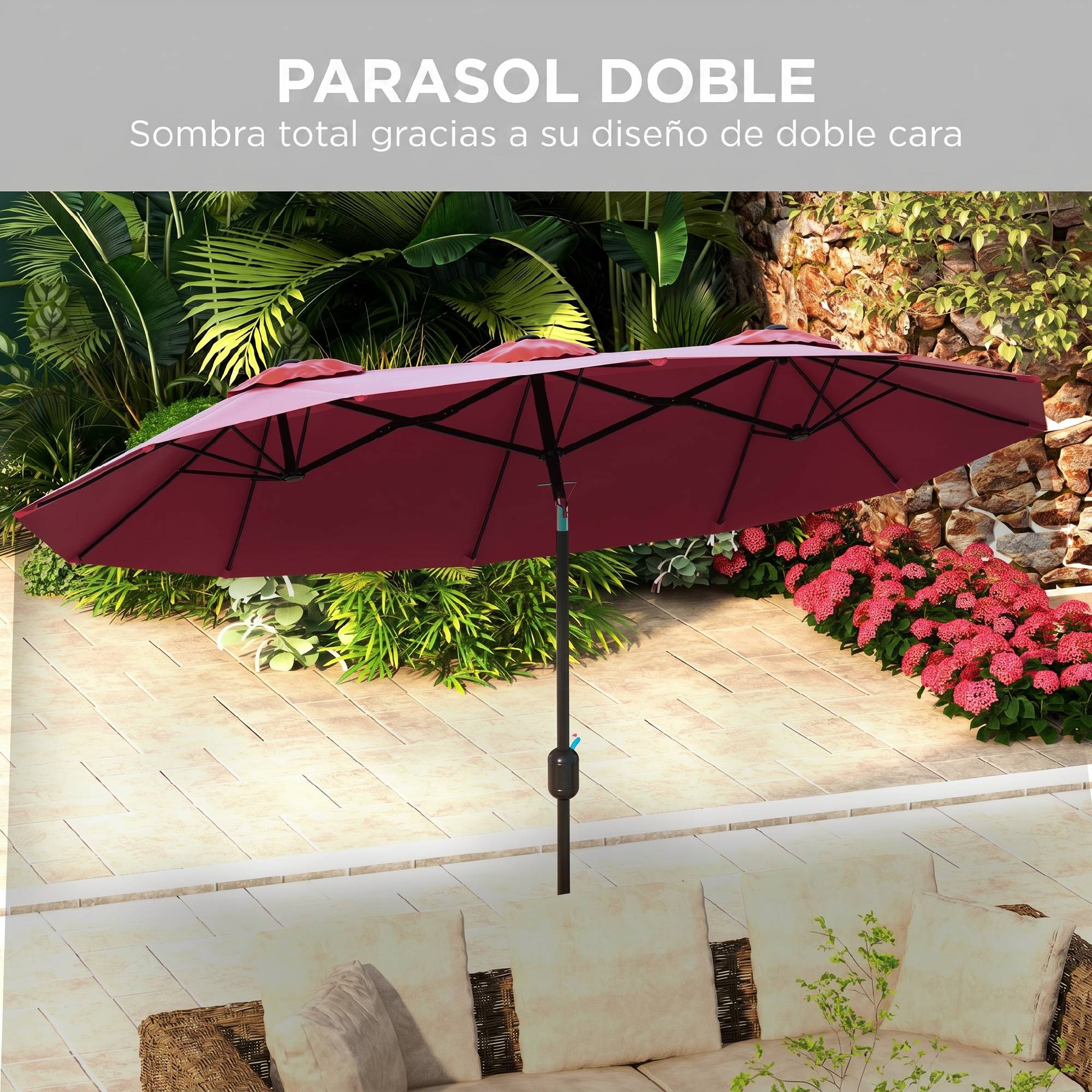 Parasol double jardin 295x152x222 cm, inclinaison 45°, manivelle manuelle, terrasse balcon piscine, rouge - Image 7