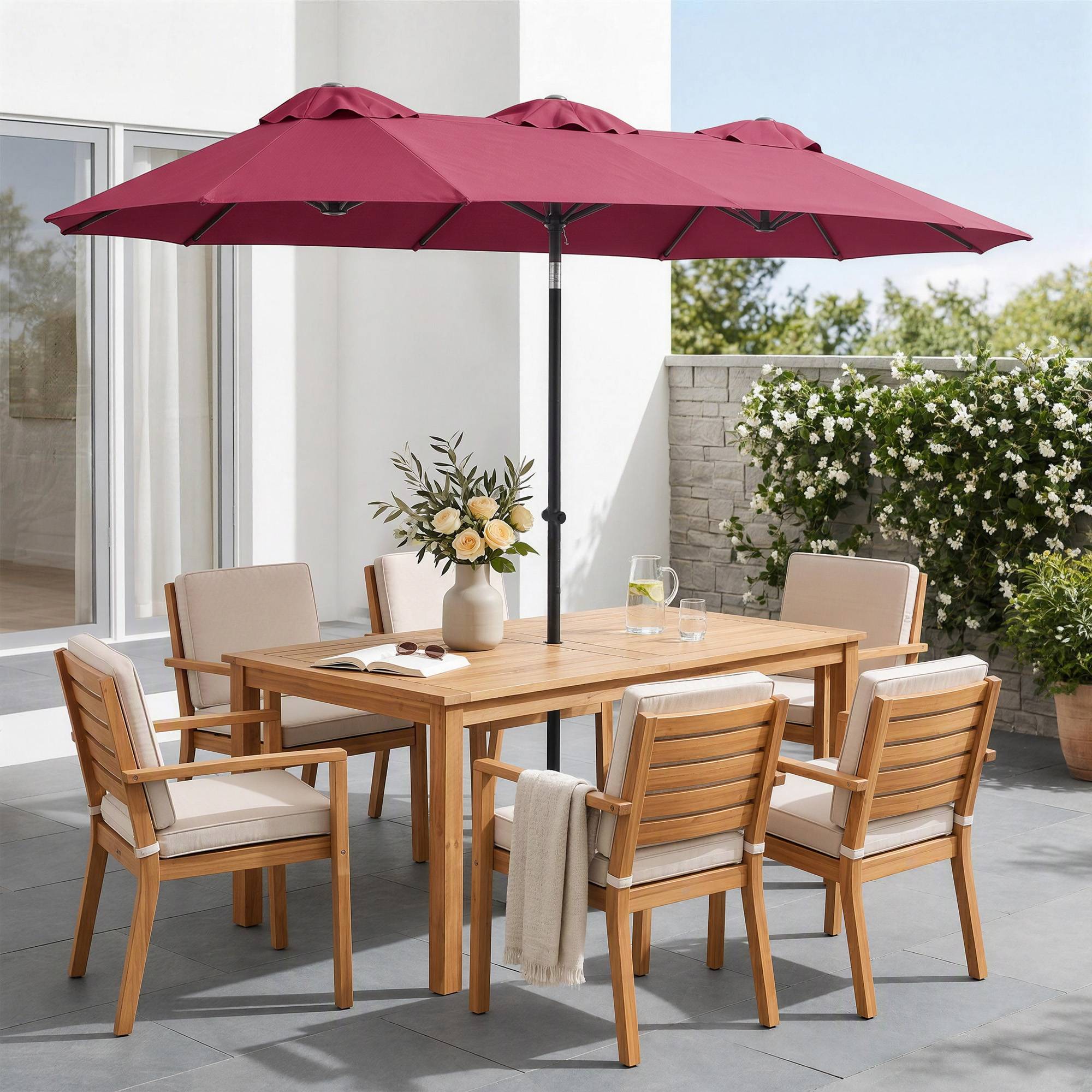 Parasol double jardin 295x152x222 cm, inclinaison 45°, manivelle manuelle, terrasse balcon piscine, rouge - Image 10