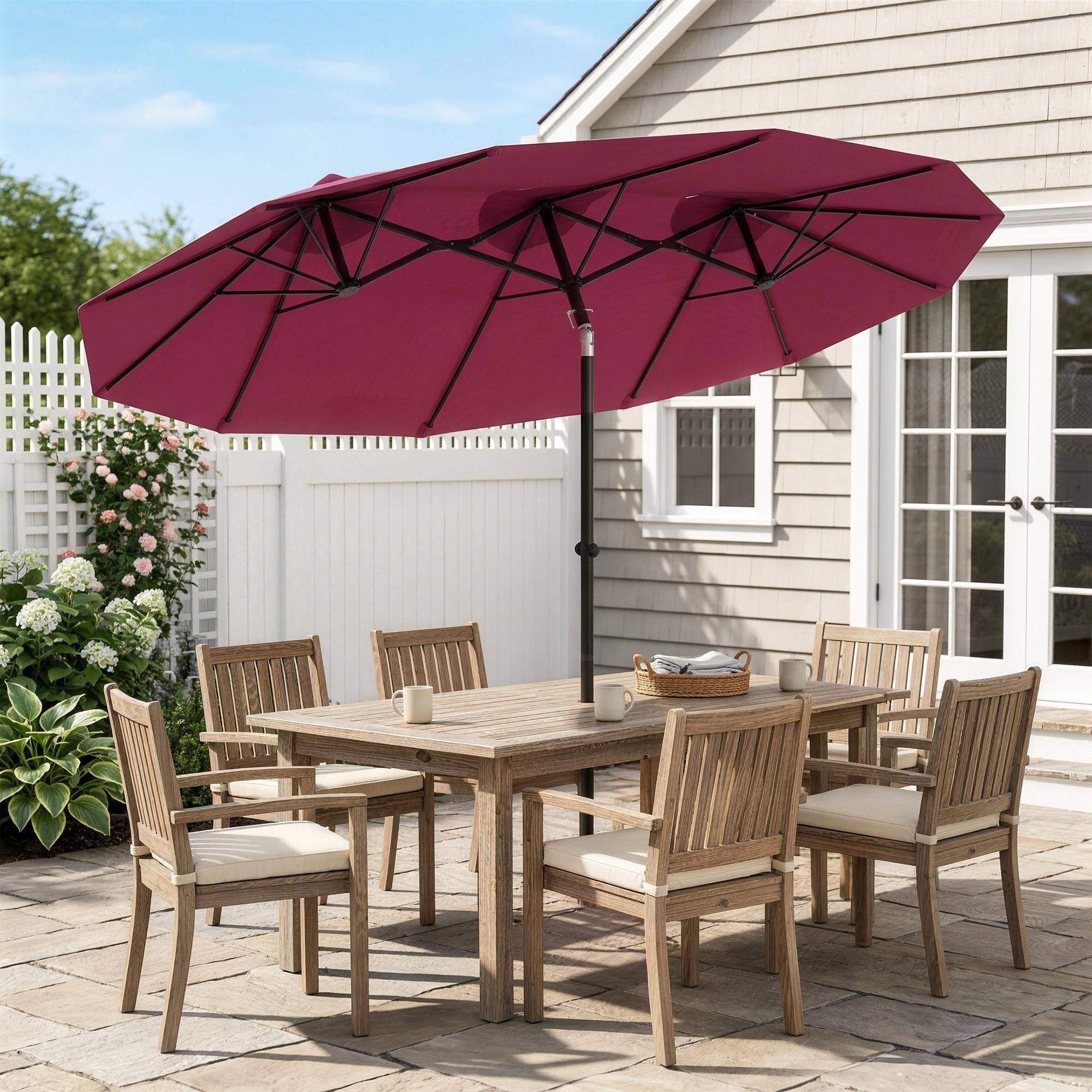 Parasol double jardin 295x152x222 cm, inclinaison 45°, manivelle manuelle, terrasse balcon piscine, rouge - Image 4
