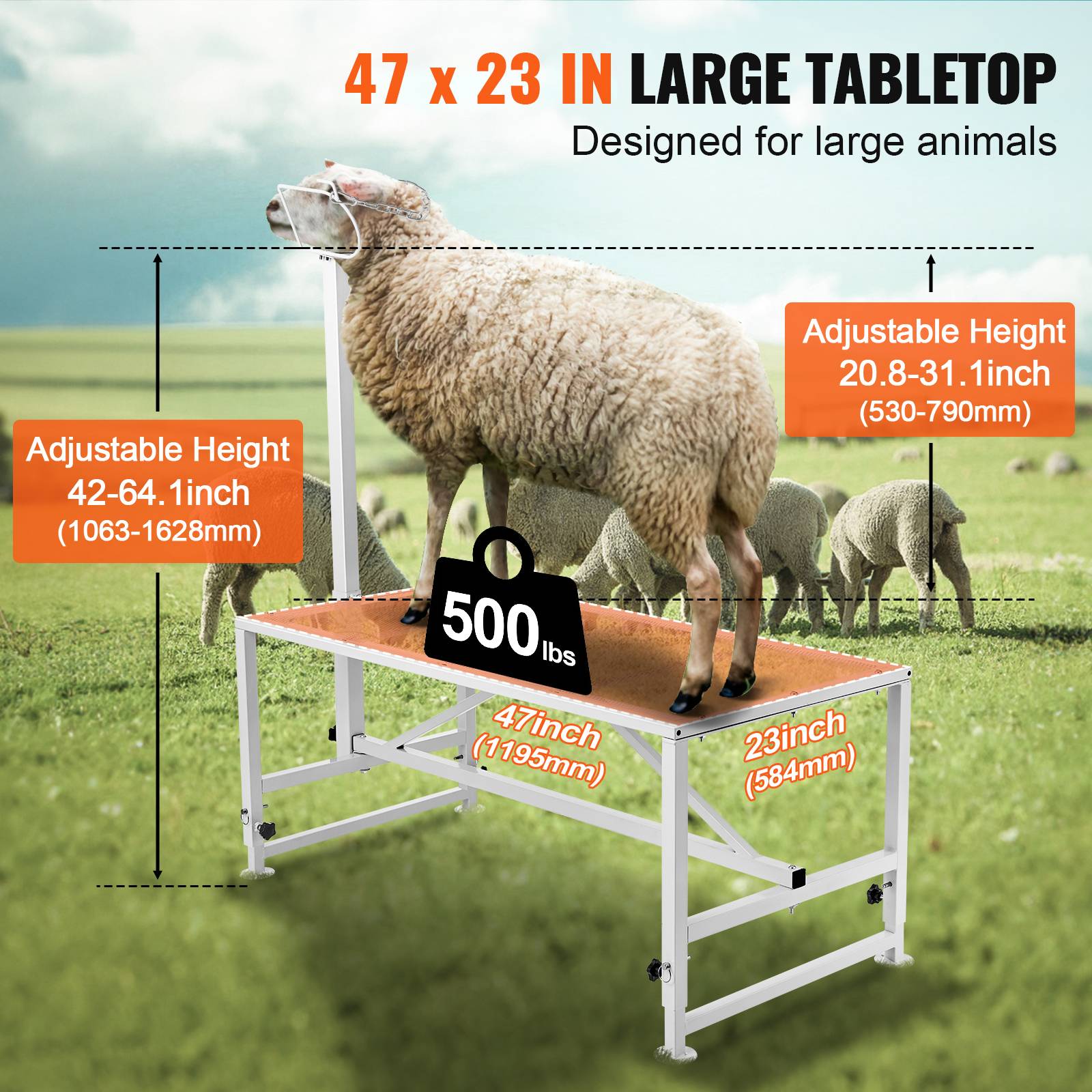 VEVOR Support bétail chèvres/moutons, 47x23 po, hauteur réglable, blanc. - Image 4