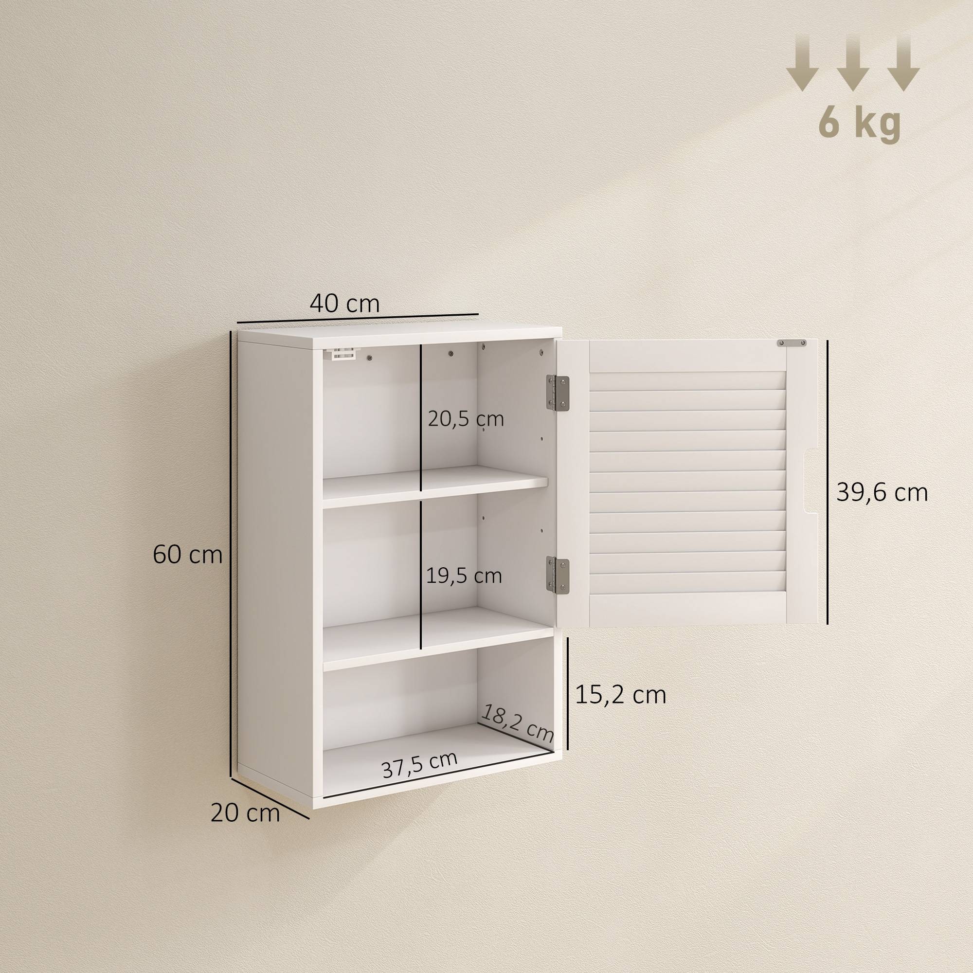 Sans Marque - Meuble salle bain mural une porte étagères réglables 40x20x60 cm blanc - Image 5