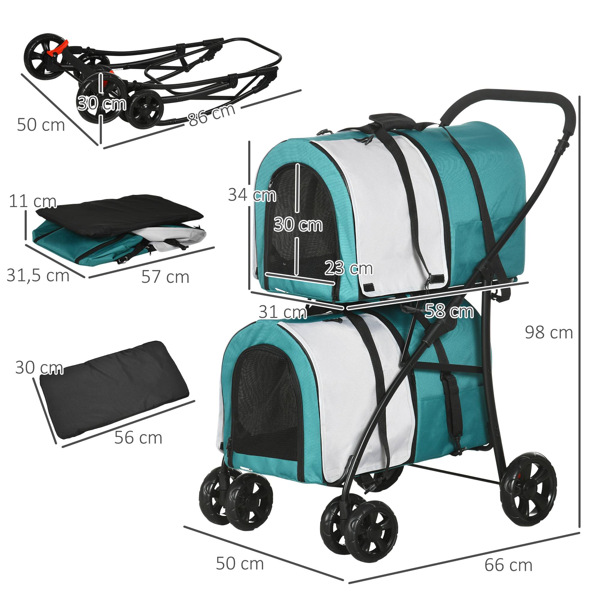 Poussette double pliable pour chiens et chats avec 2 paniers amovibles, ceintures et coussins, 66 x 50 x 98 cm, verte et grise - Image 5