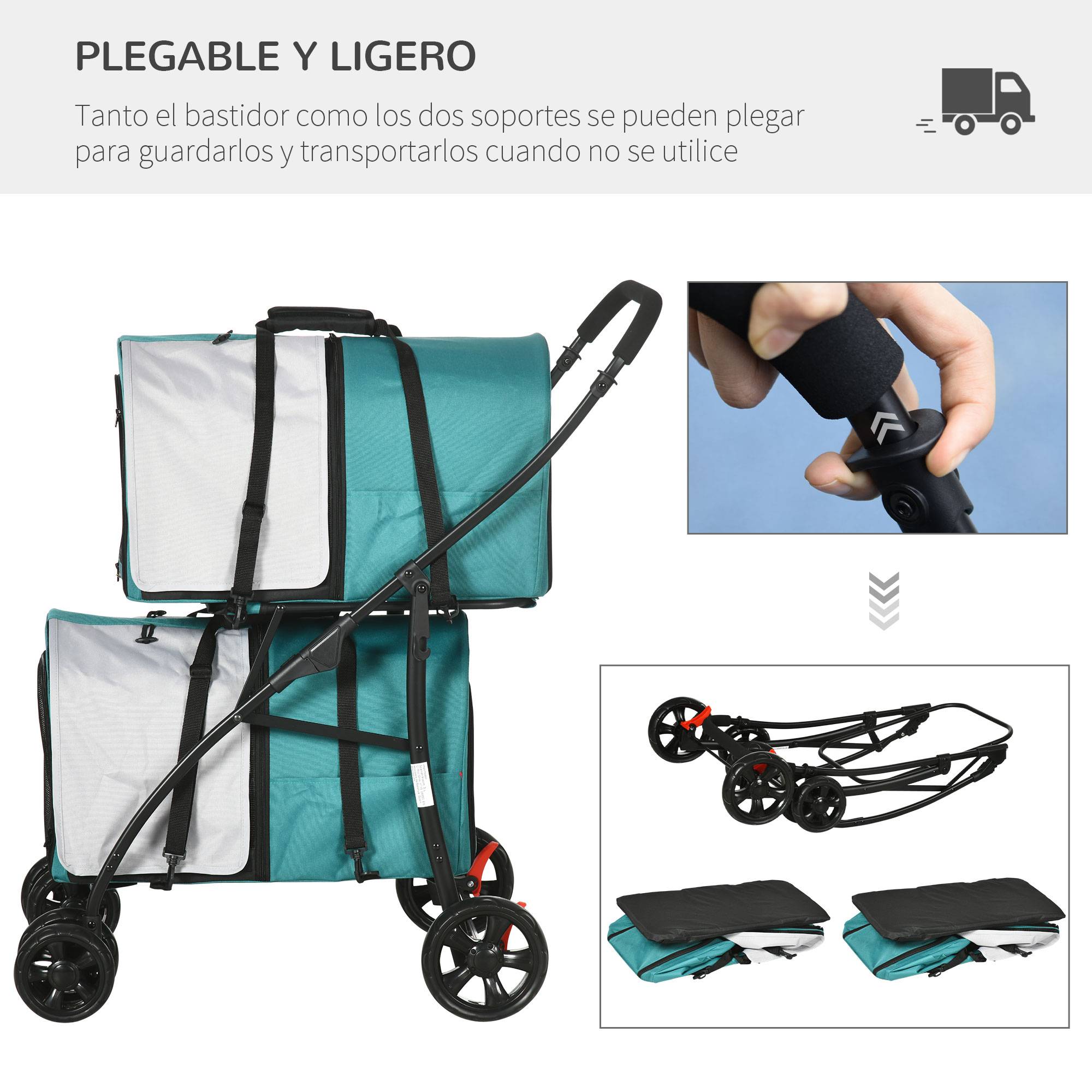 Poussette double pliable pour chiens et chats avec 2 paniers amovibles, ceintures et coussins, 66 x 50 x 98 cm, verte et grise - Image 8