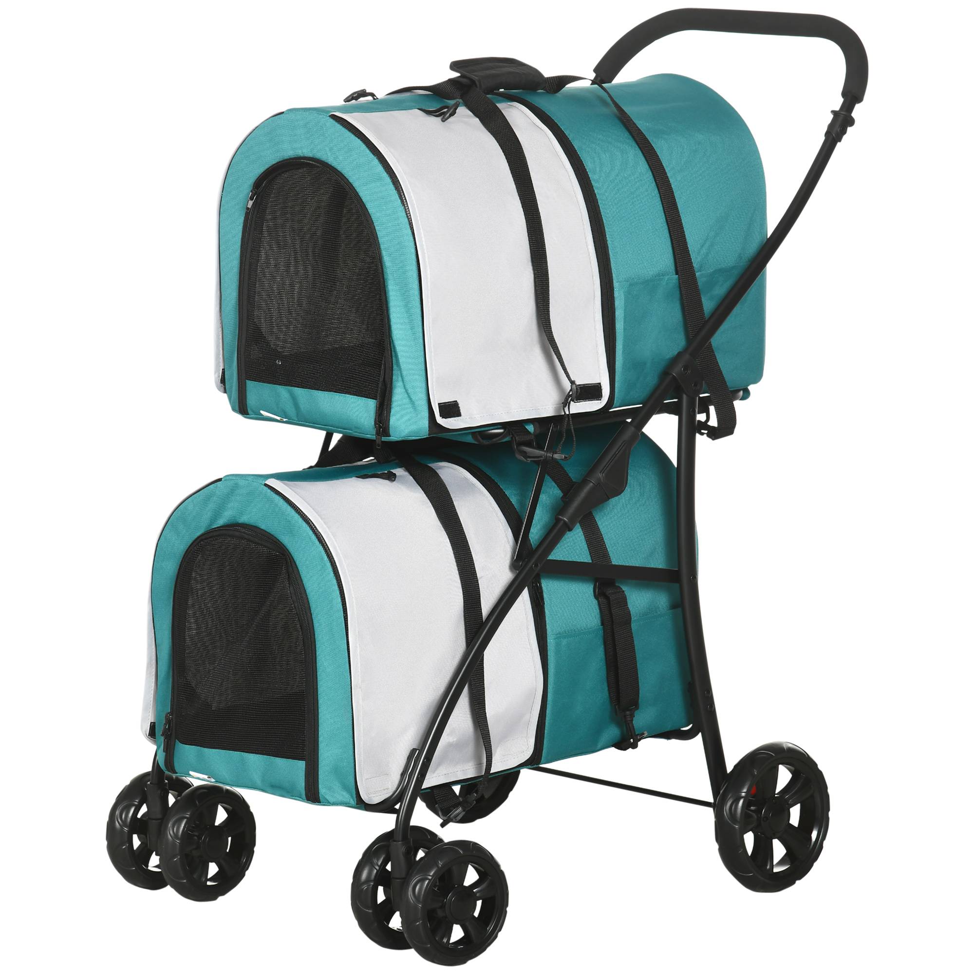 Poussette double pliable pour chiens et chats avec 2 paniers amovibles, ceintures et coussins, 66 x 50 x 98 cm, verte et grise - Image 2