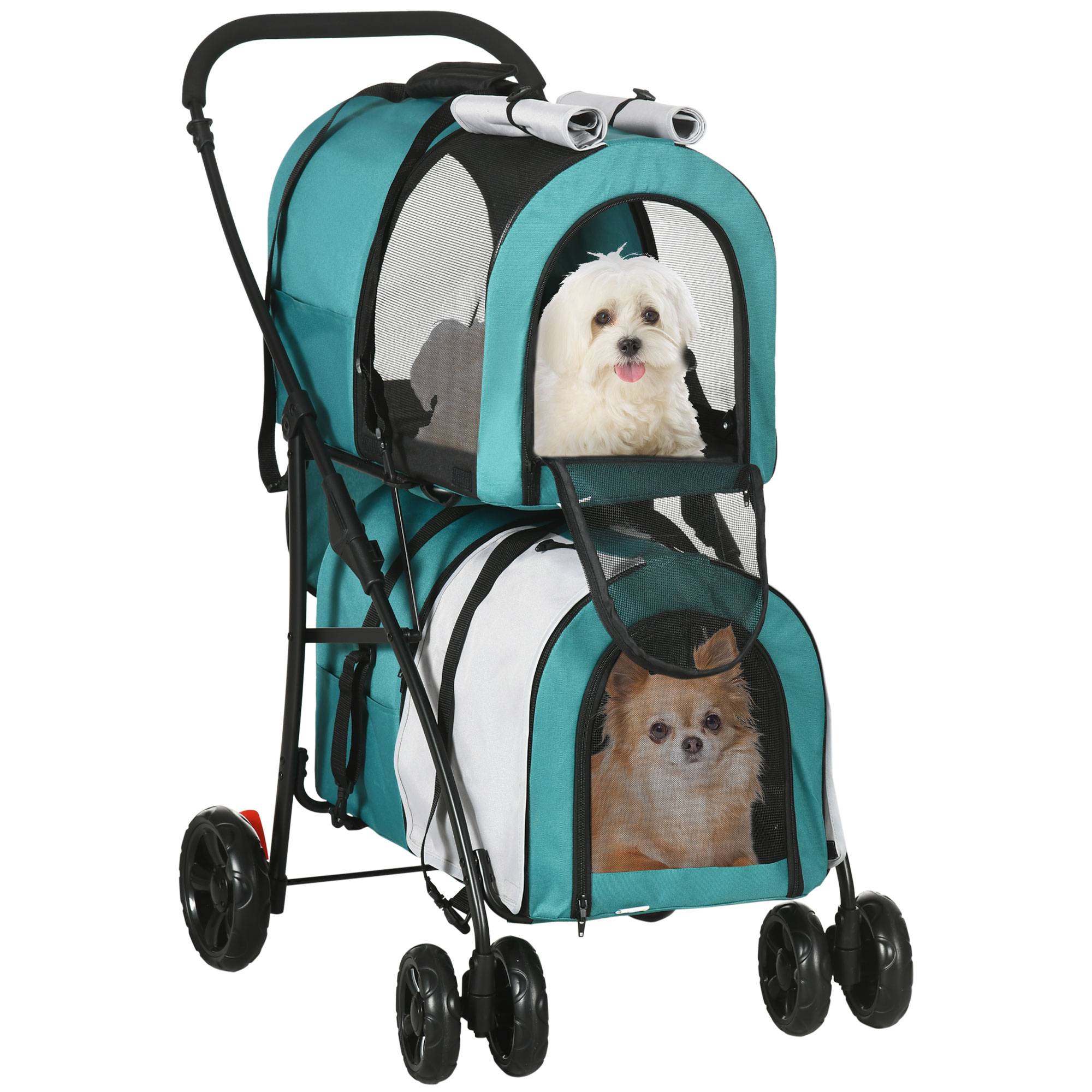 Poussette double pliable pour chiens et chats avec 2 paniers amovibles, ceintures et coussins, 66 x 50 x 98 cm, verte et grise - Image 1