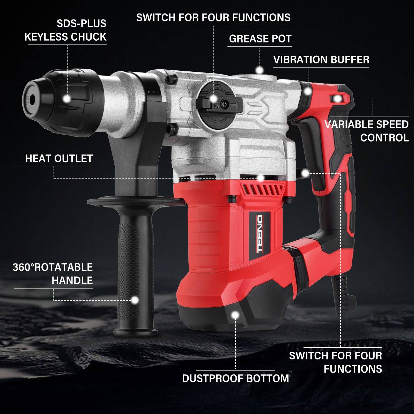 Teeno - Marteau Perforateur SDS-Plus 1500W,6 Vitesse Variable avec 4 Fonctions,4500bpm,Câble de 2 mètres, Embrayage de Sécurité & Technologie Anti-vibration - Image 2