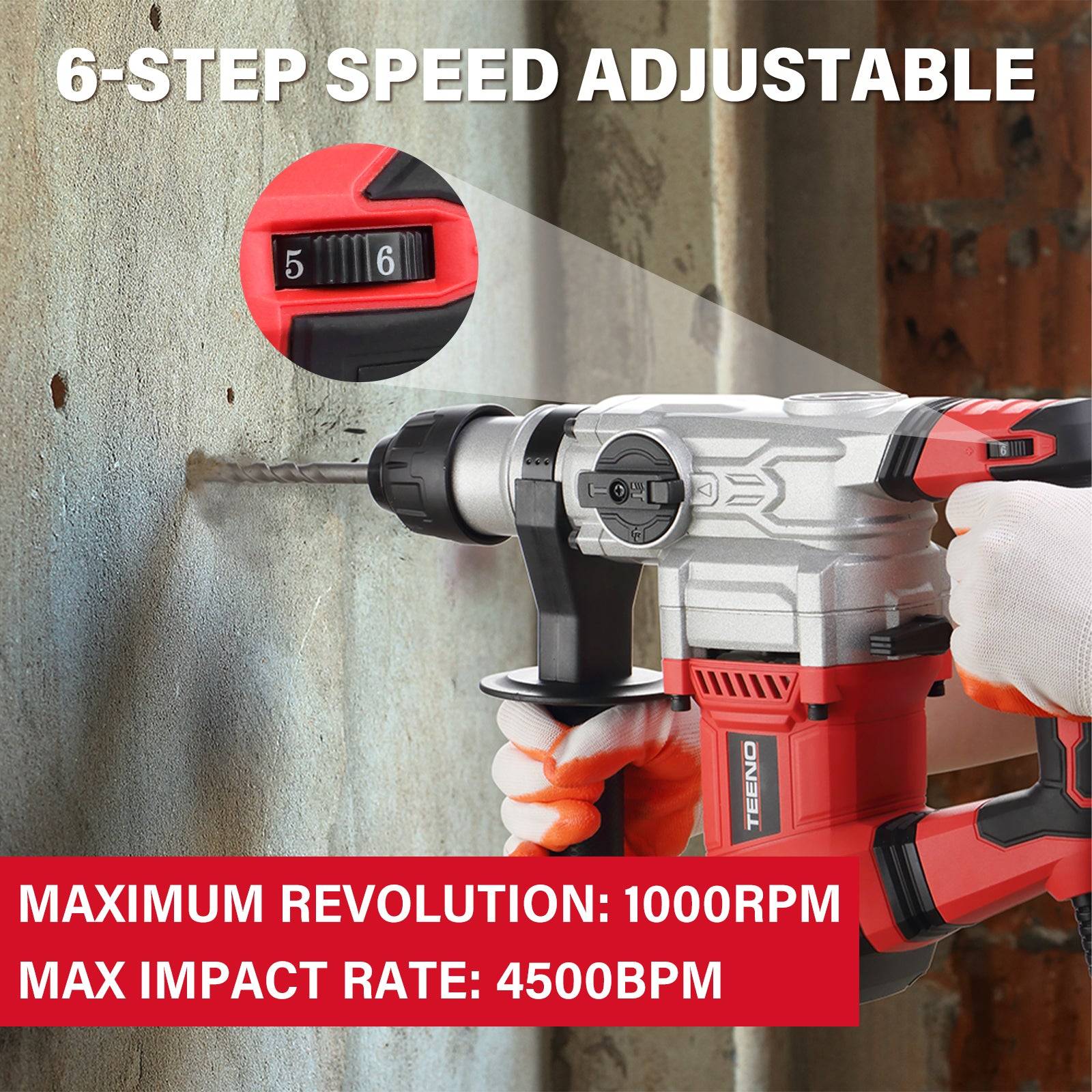 Teeno - Marteau Perforateur SDS-Plus 1500W,6 Vitesse Variable avec 4 Fonctions,4500bpm,Câble de 2 mètres, Embrayage de Sécurité & Technologie Anti-vibration - Image 4
