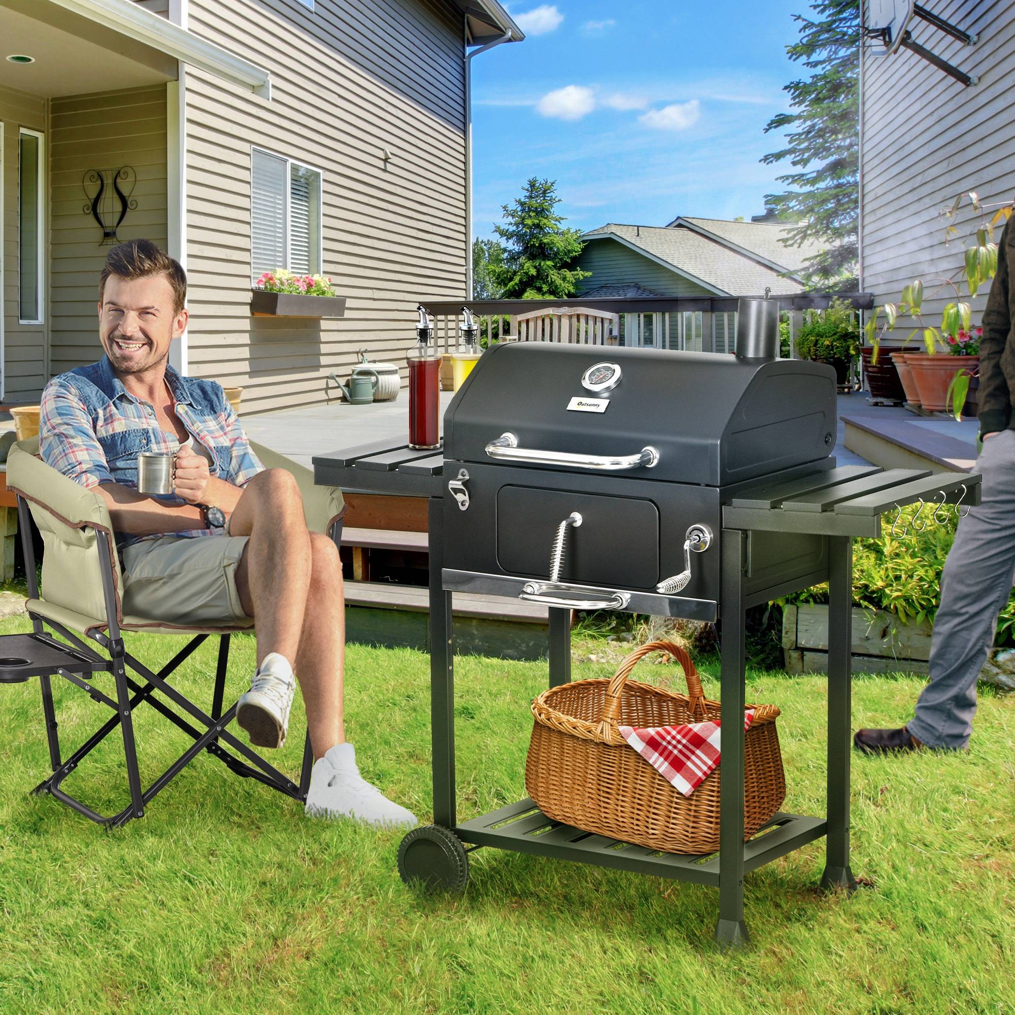 Barbecue charbon fumoir, thermomètre, ouvre-bouteille,120x64x114 cm, noir - Image 4