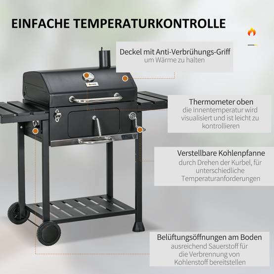 Barbecue charbon fumoir, thermomètre, ouvre-bouteille,120x64x114 cm, noir - Image 7